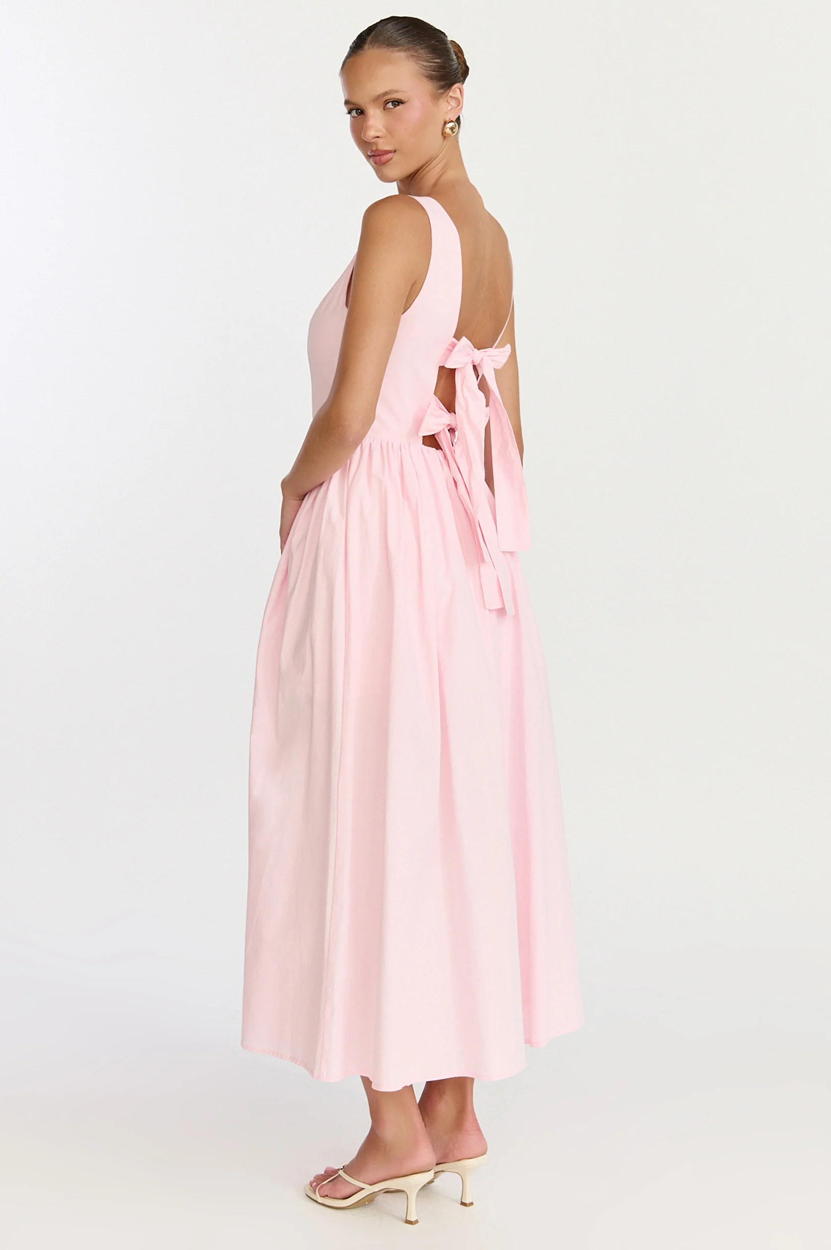 Casina Midi Dress - Boat Neck Tie Back Fit And Flare Dress in Pale Pink