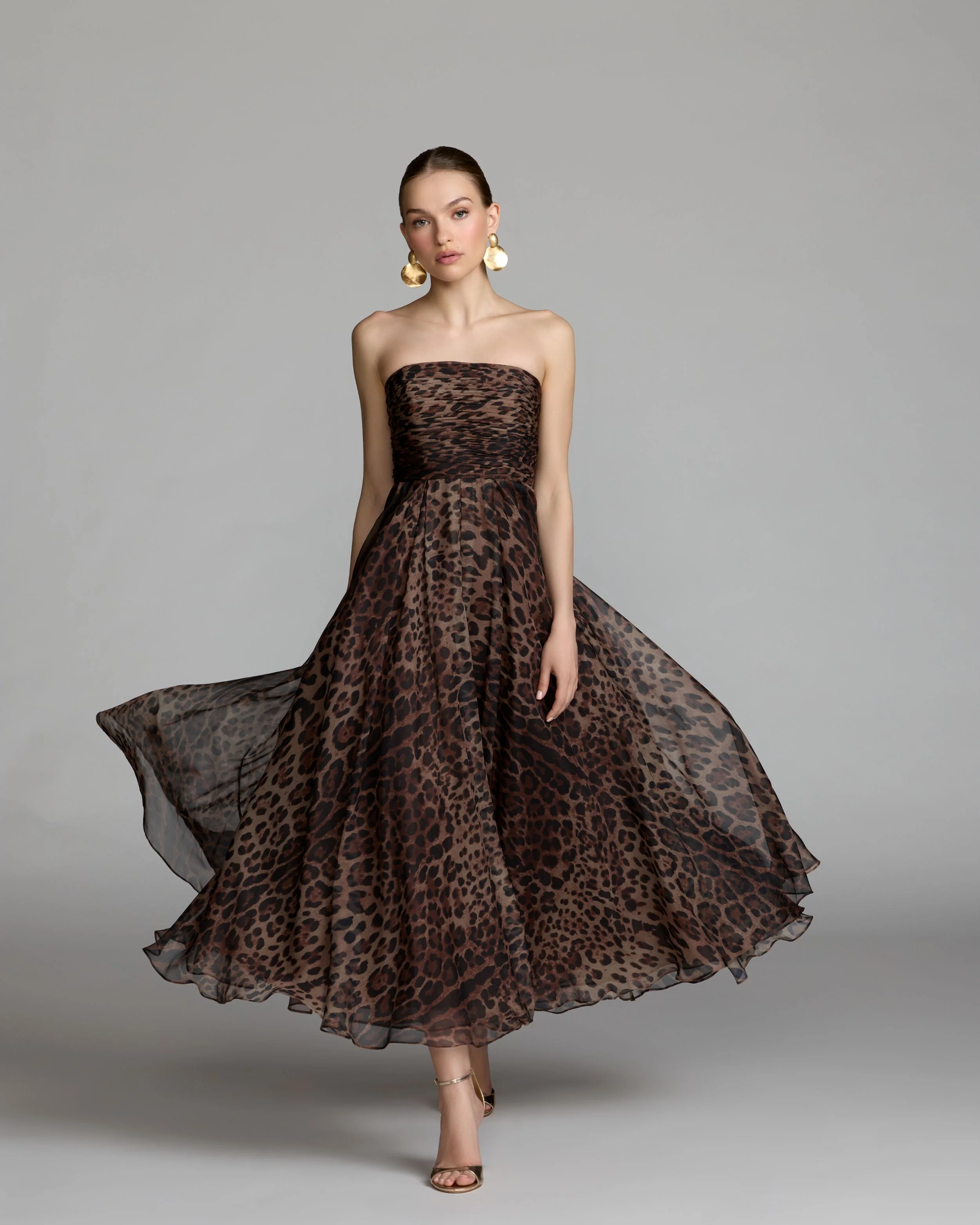 Leopard Strapless A-Line Chiffon Midi Dress - FASHION NOB