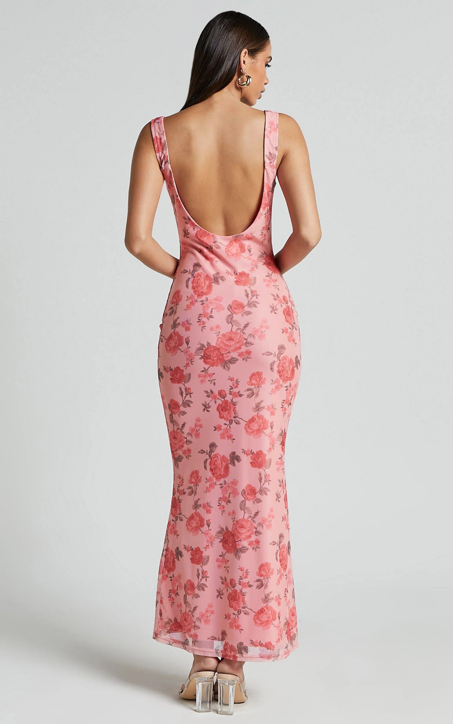 Nadine Maxi Dress - Cowl Neck Low Back Mesh Slip Dress in Pink Floral