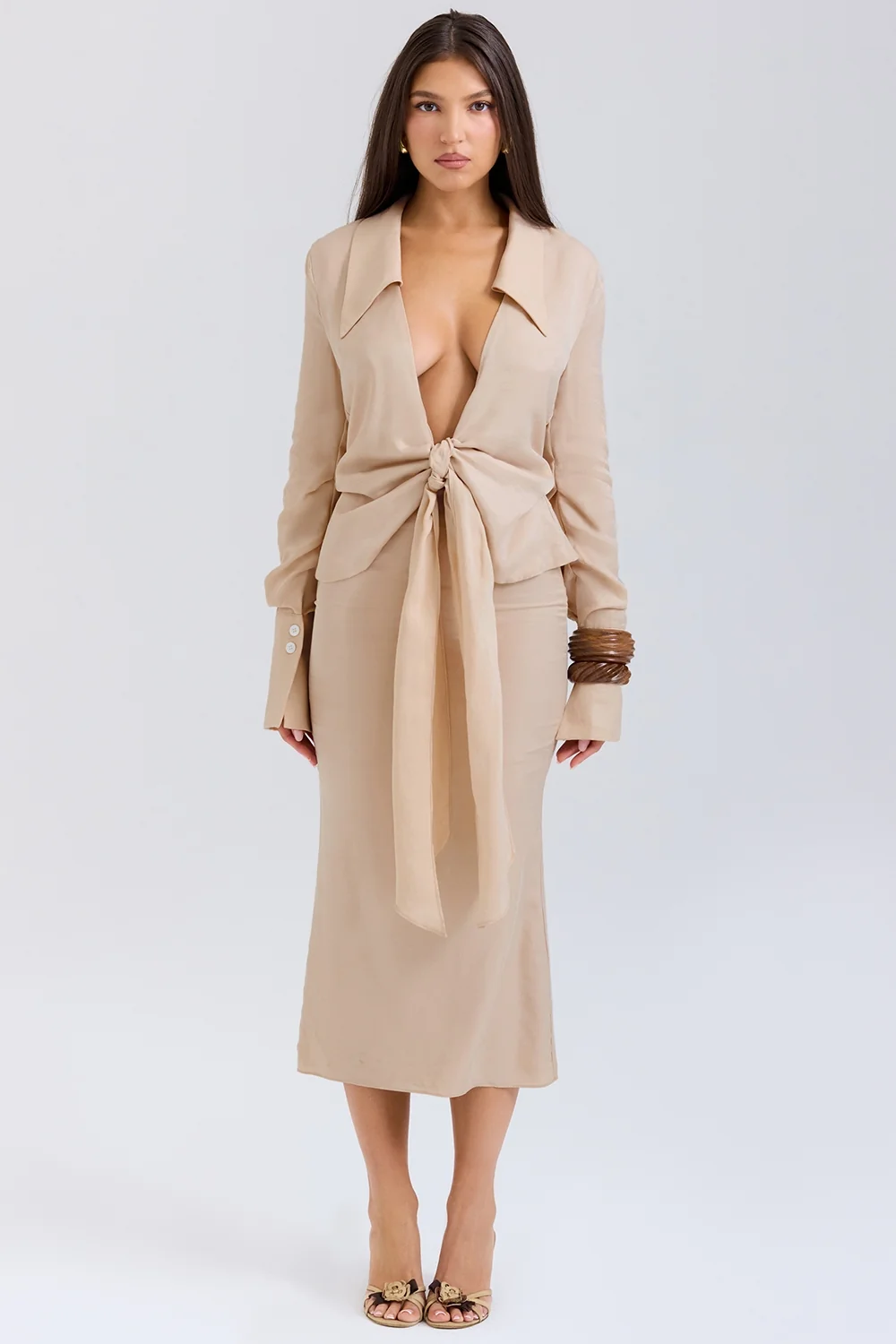 Almond Plunge Shirt Midi Dress