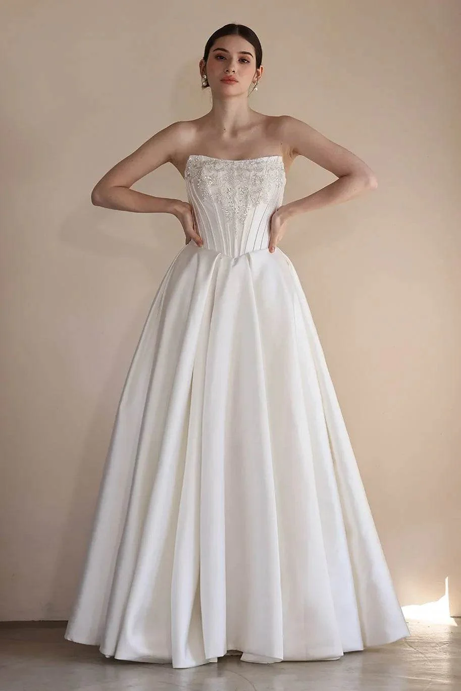 A-Line Floor Length Satin Wedding Dress CW3549