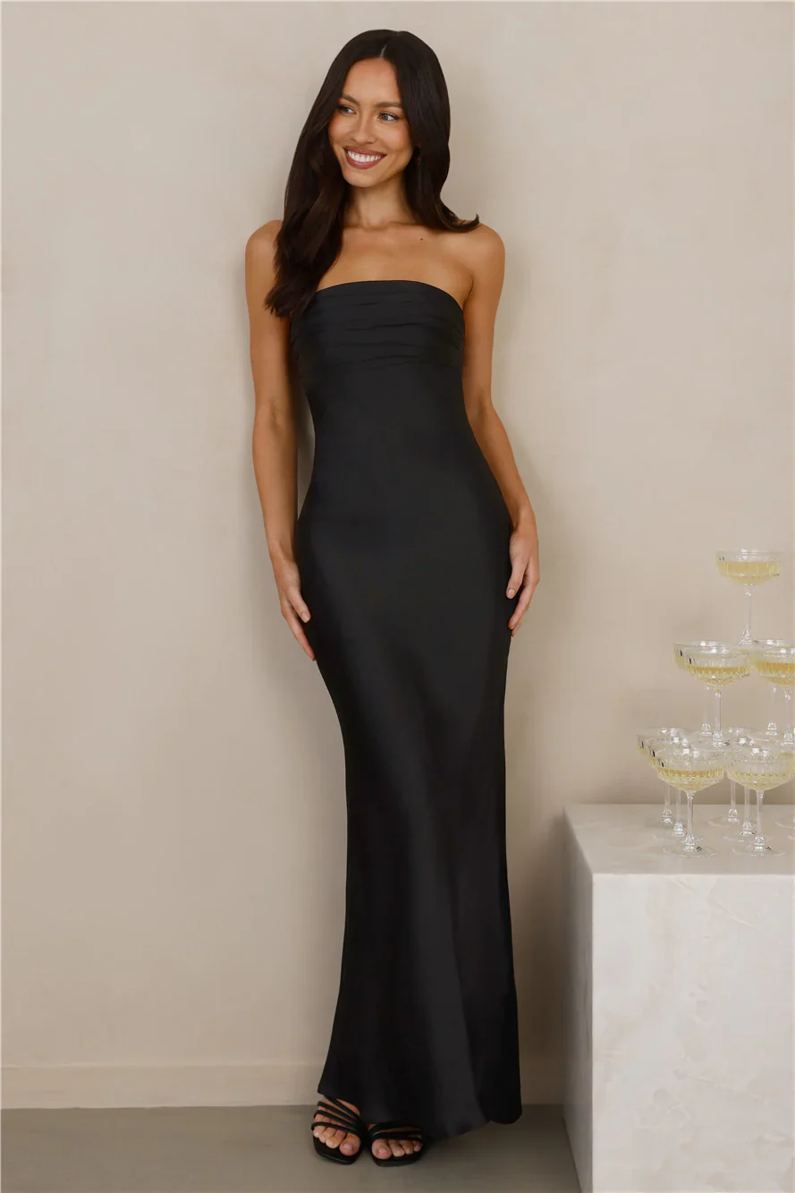 The Seraphina Strapless Satin Maxi Dress Black