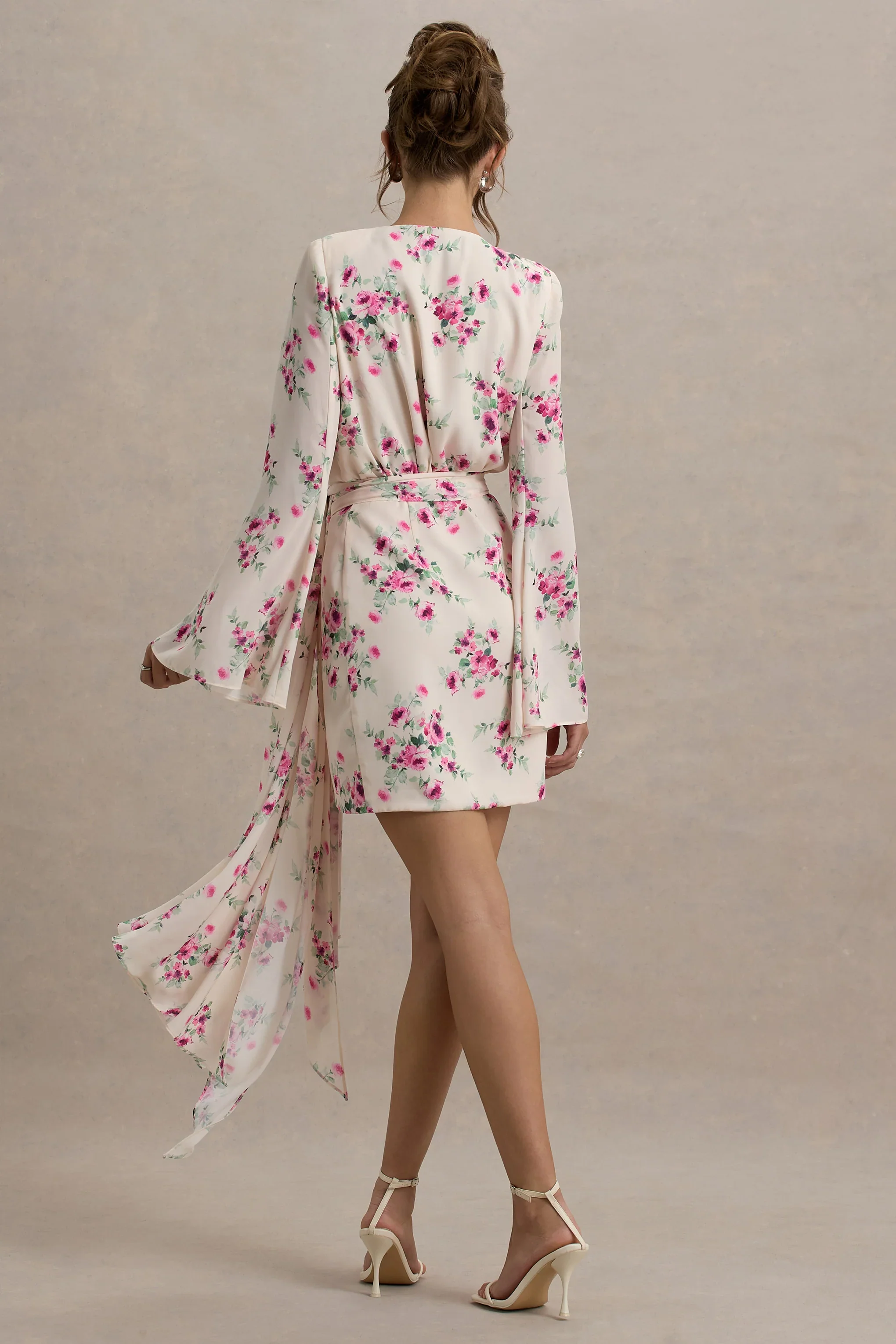Goldie | Cream Floral Print Chiffon Long-Sleeve Wrap Mini Dress
