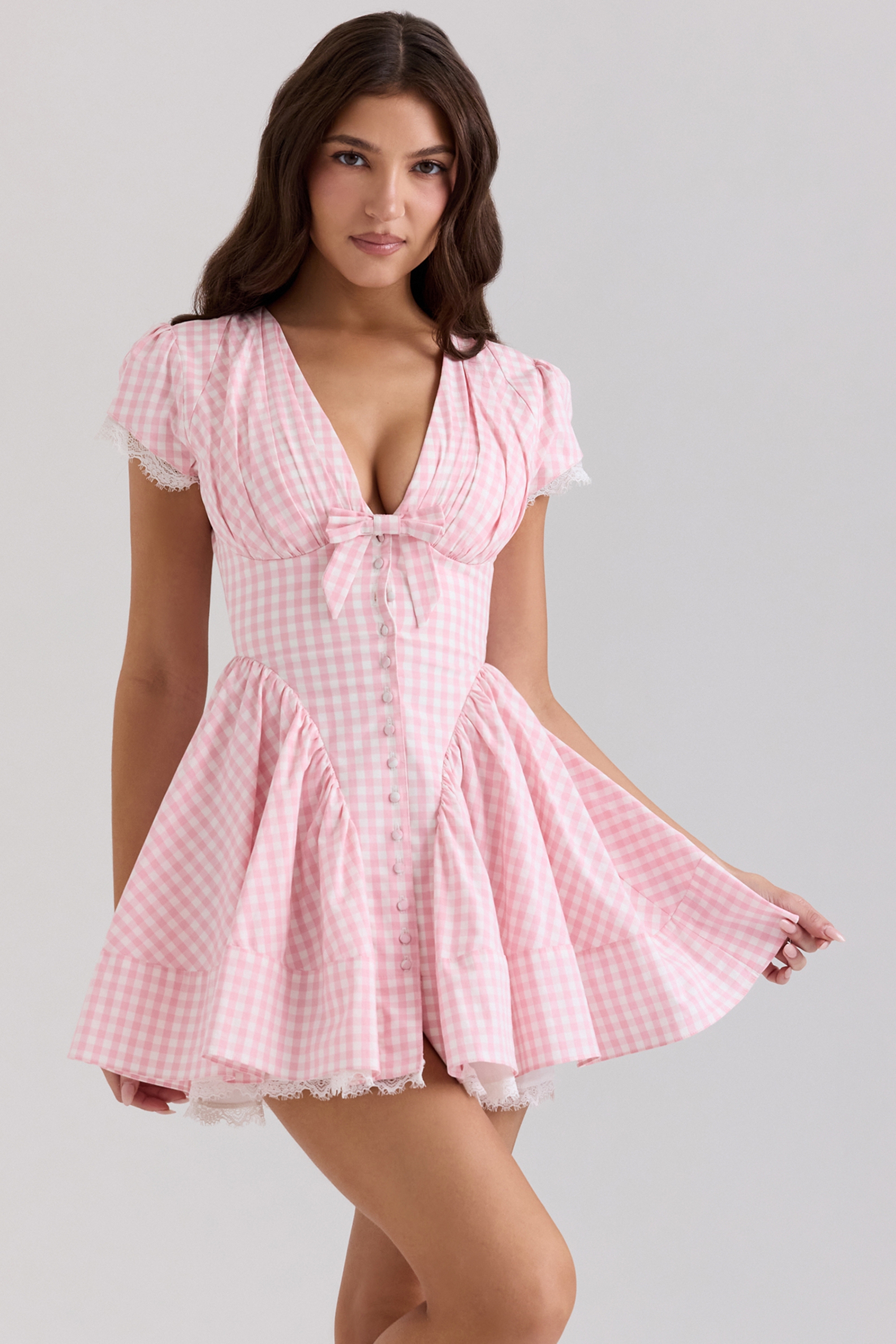 Pink Gingham Cotton Mini Dress