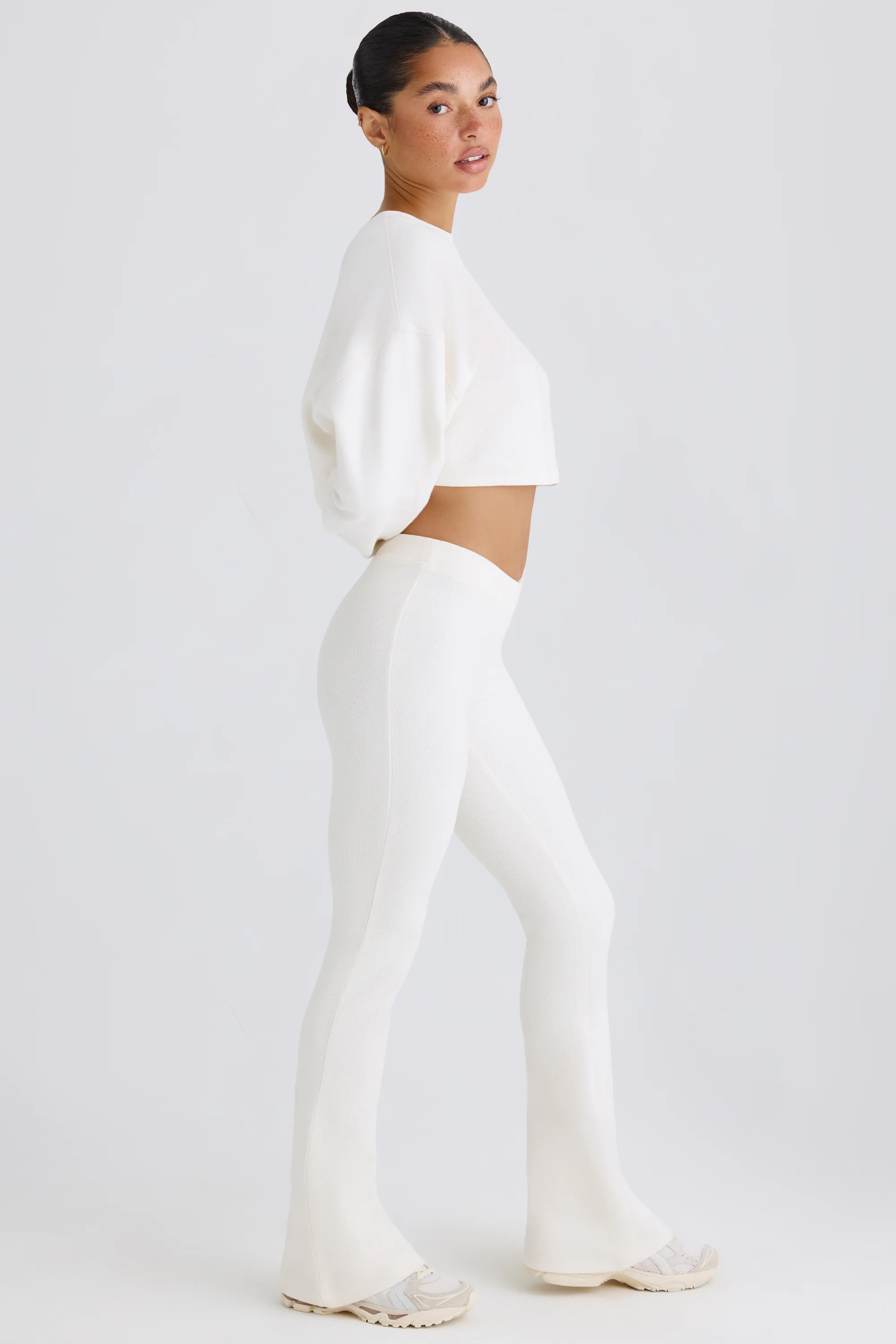 Textured Cotton Jersey Flared Trousers in White
