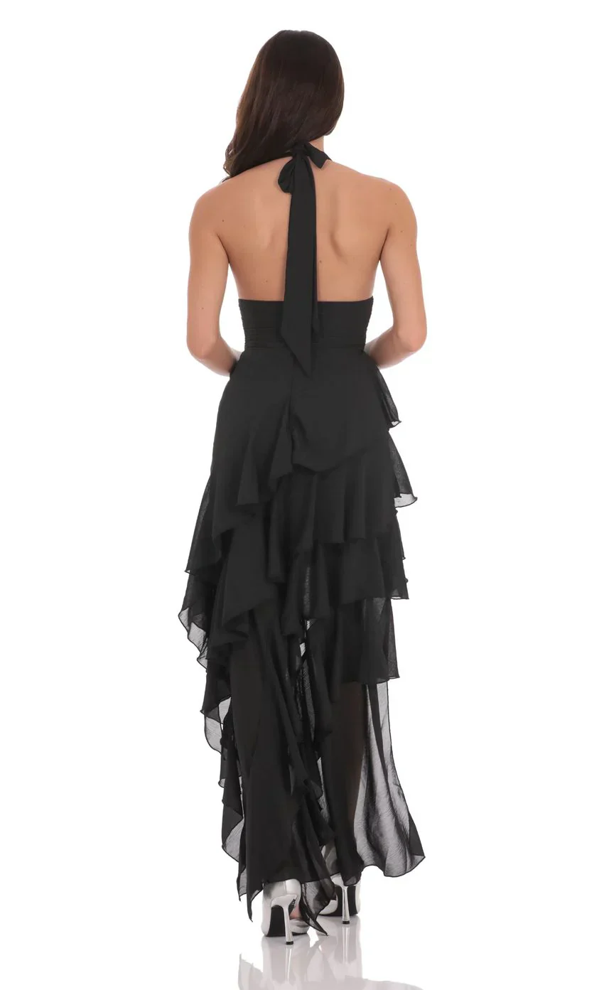 Asymmetrical Ruffle Maxi Dress in Black