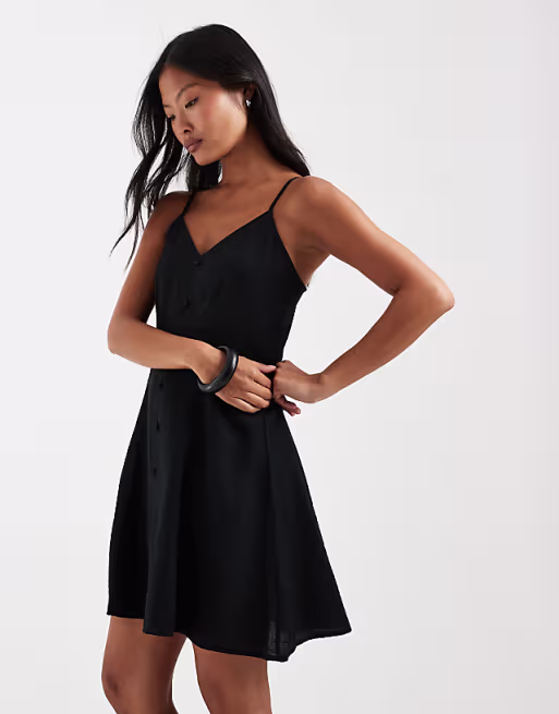 Vero Moda Petite button front cami mini skater dress in black