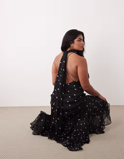 Curve halter maxi dress with scarf detail and ruffle hem in mono dot