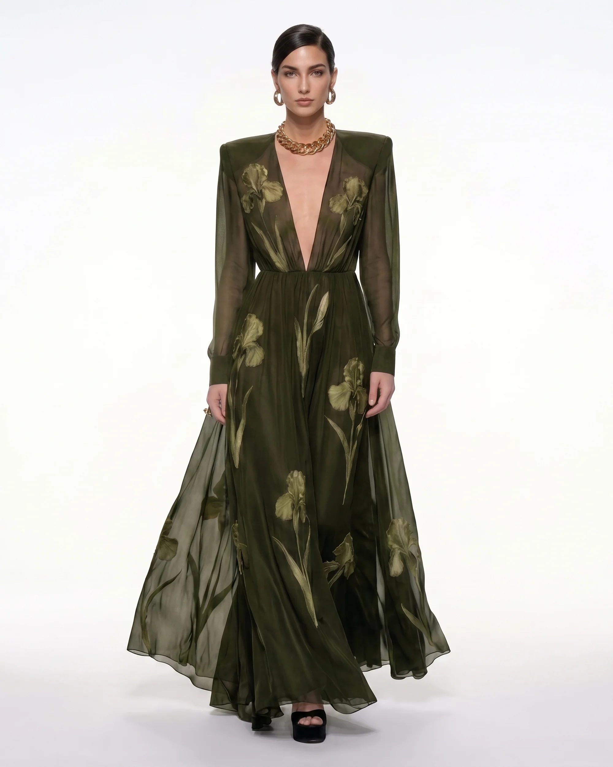 Iris Floral Print Long-Sleeve Sheer Gown - Olive Green