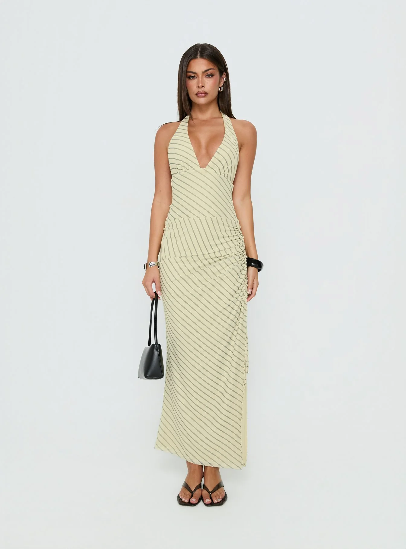 Adolena Halter Ruched Maxi Dress Yellow Stripe