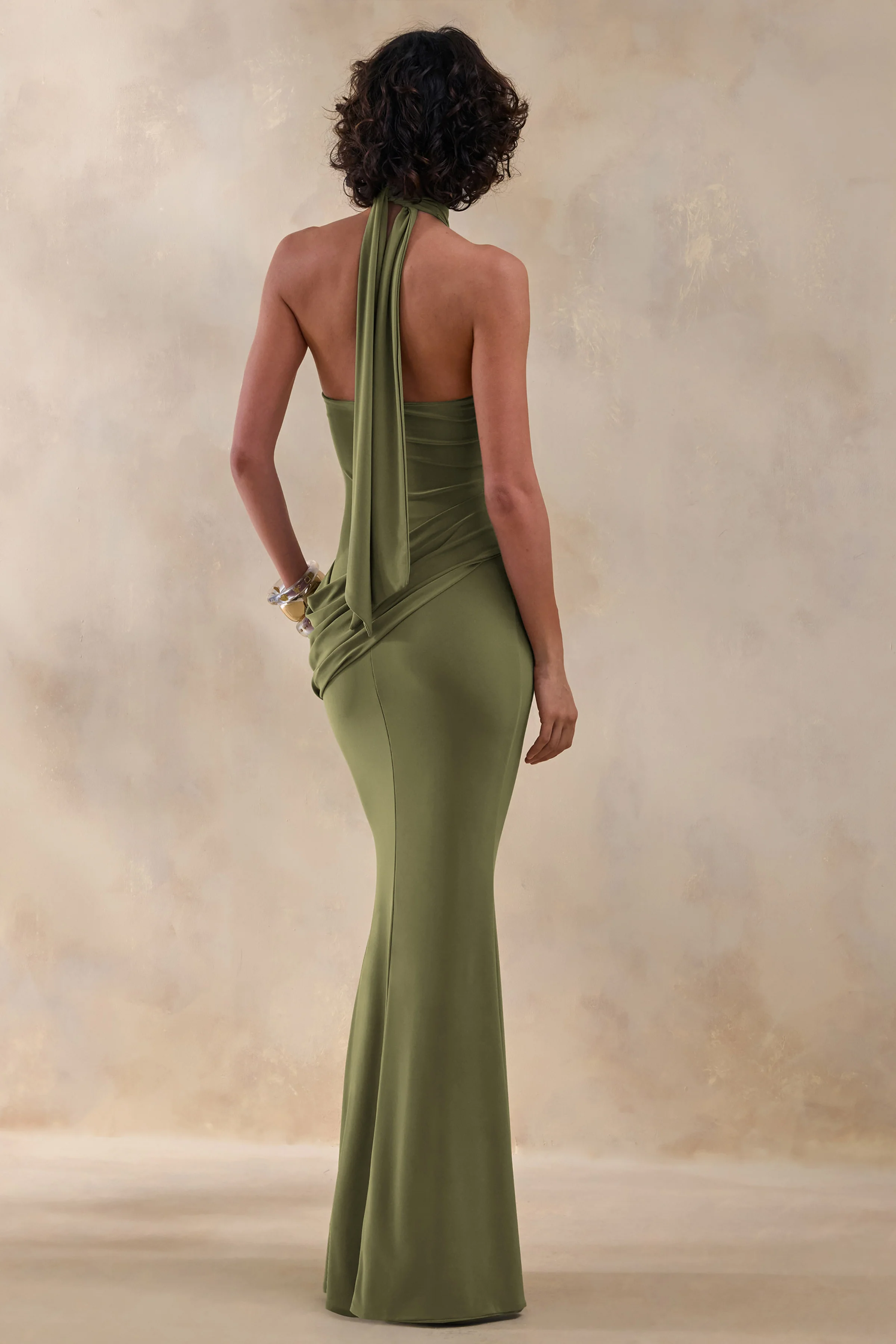 Polina | Olive High-Neck Maxi Dress With Drape And Gold-Detail