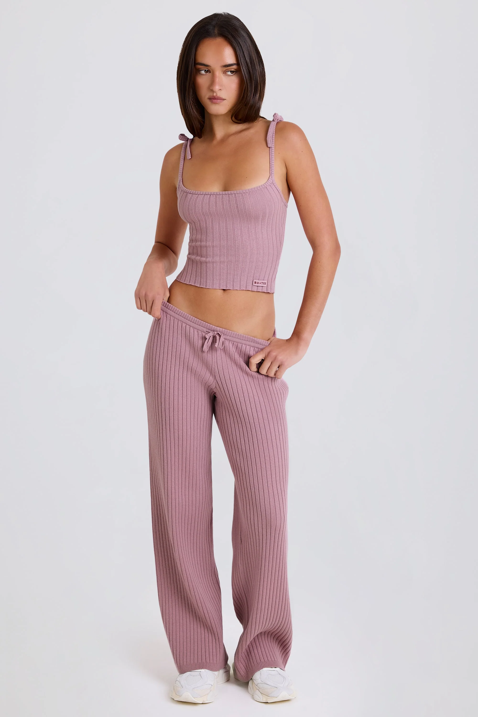 Ribbed Knit Wide-Leg Joggers in Mauve