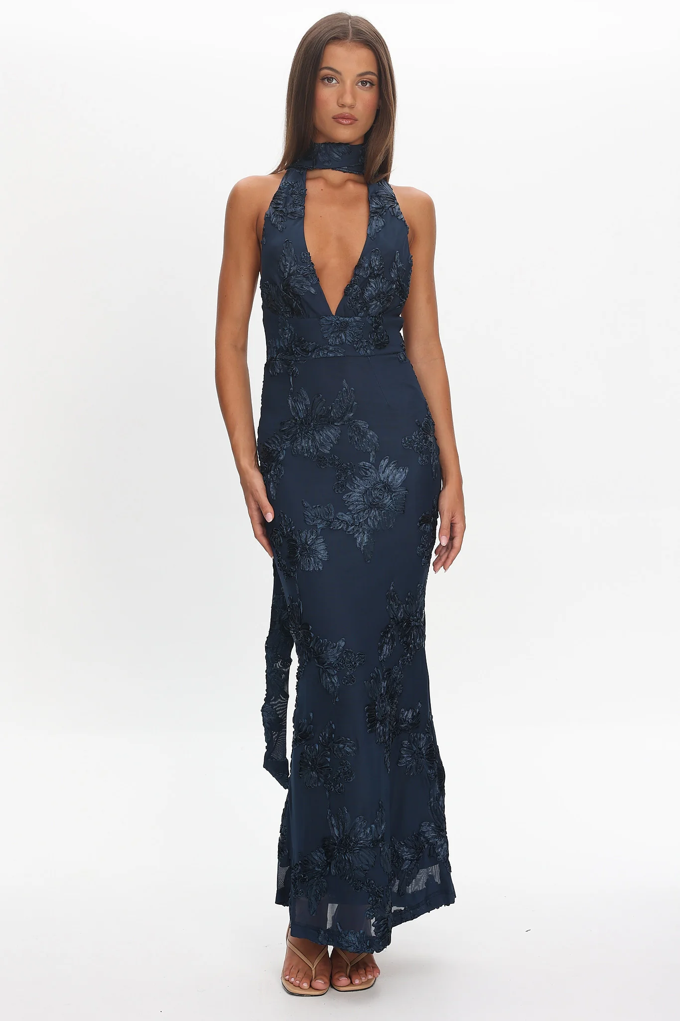 Cipriana Backless Halter Maxi Dress Embellished Navy