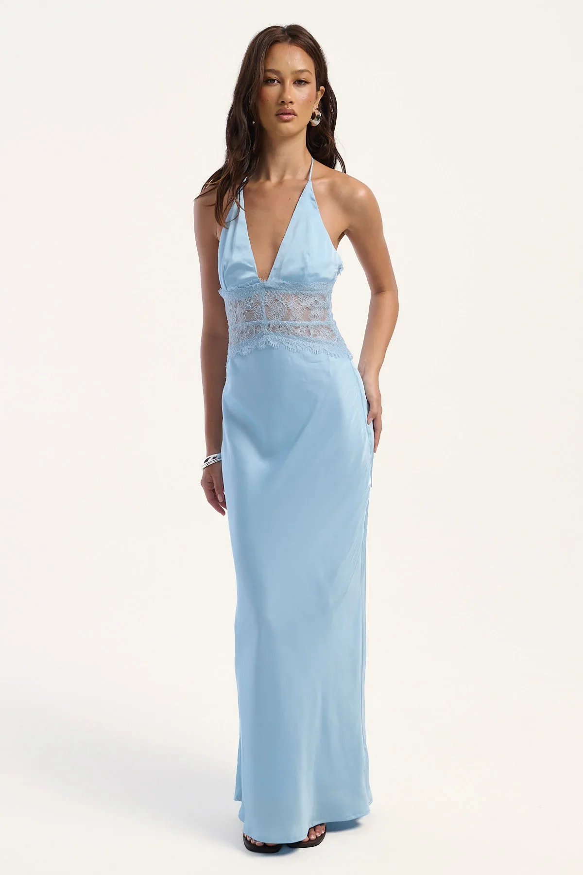 Luck & Trouble Rietta Lace Halter Maxi Dress Ice Blue