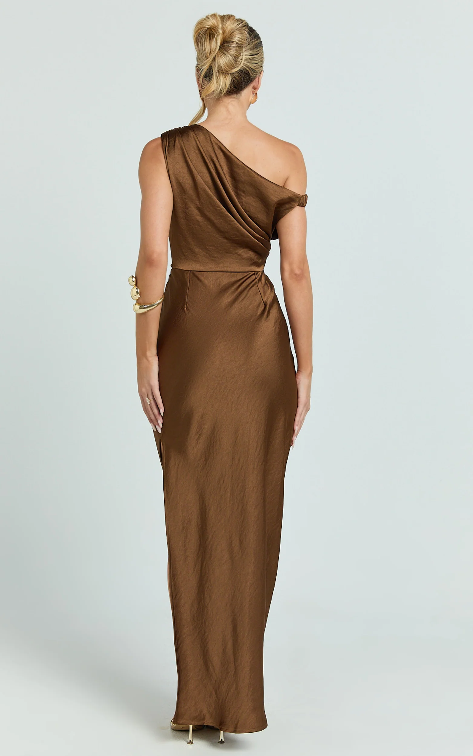 Laurie Maxi Dress - One Shoulder Tie Detail Dress in Chocolate