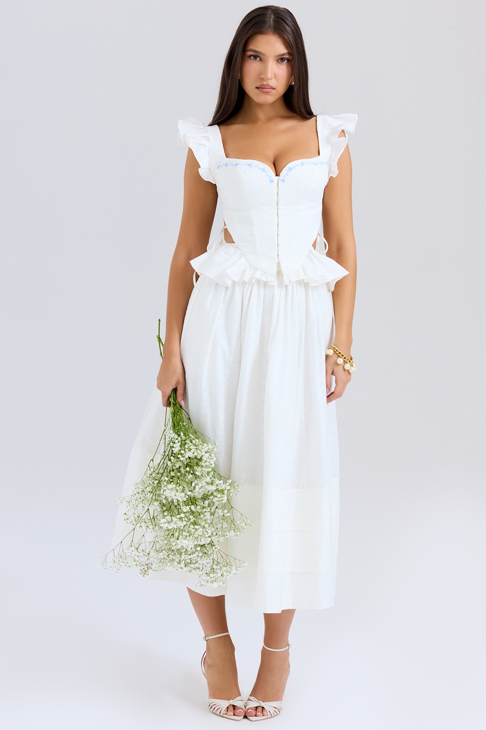 White Embroidered Cotton Midi Skirt