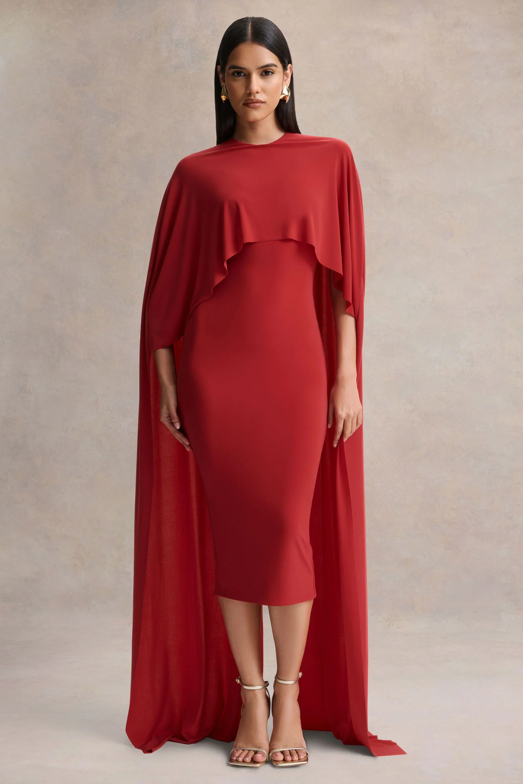 Kalani | Red Crew-Neck Midi Dress With Cape-Sleeves