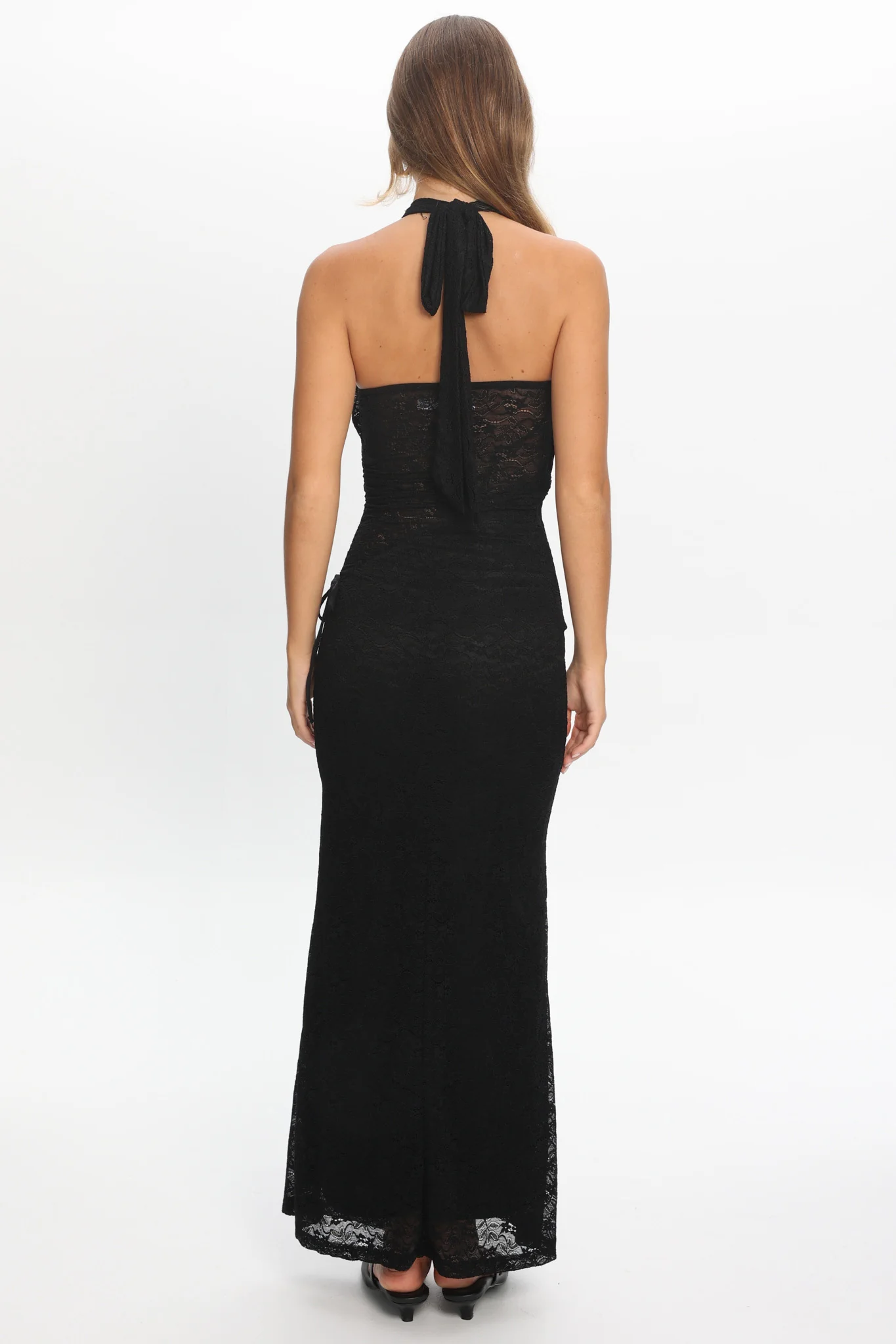 Karmella Cross-Front Lace Halter Maxi Dress Black - luluinthesky