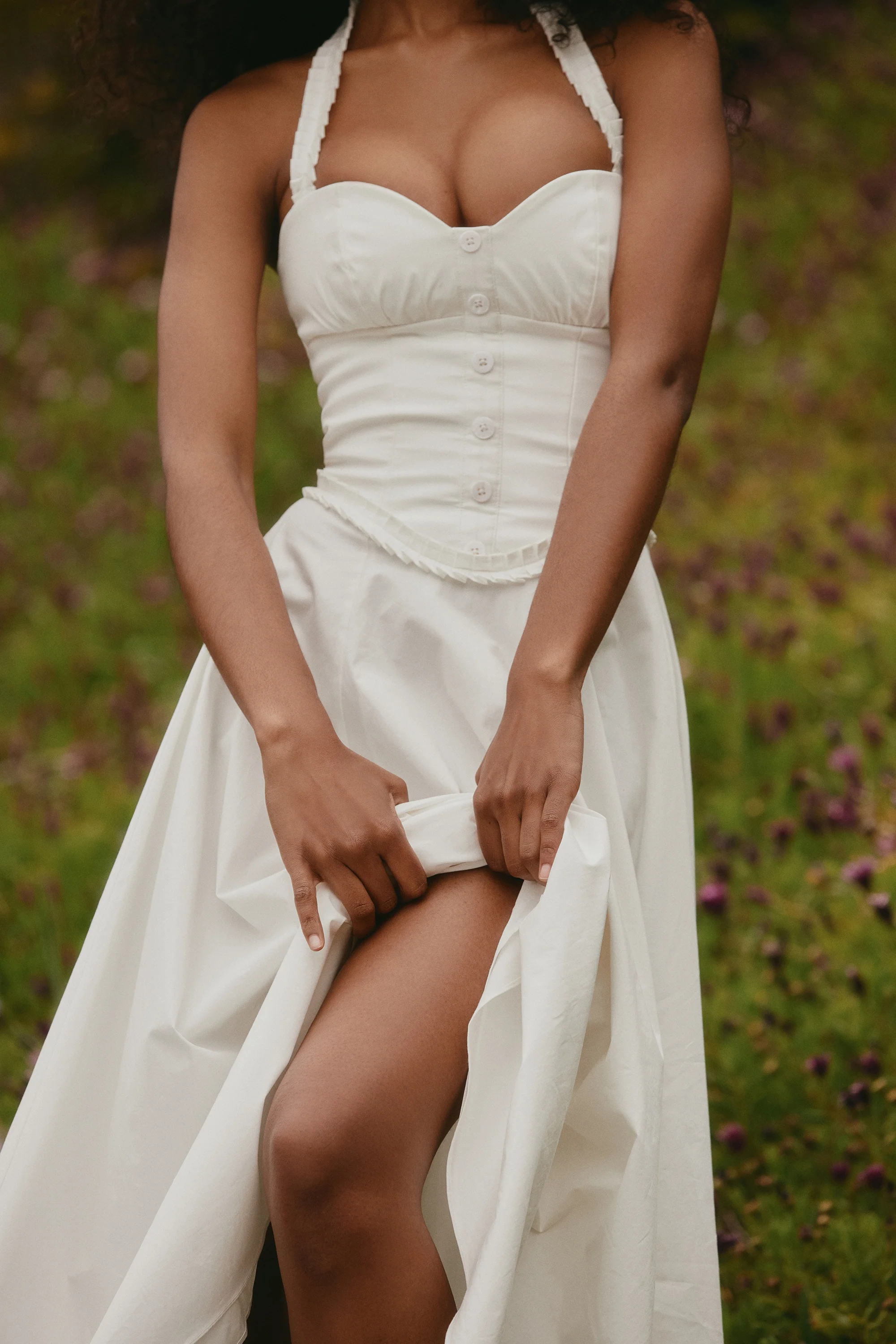 White Stretch Cotton Halter Neck Midi Dress