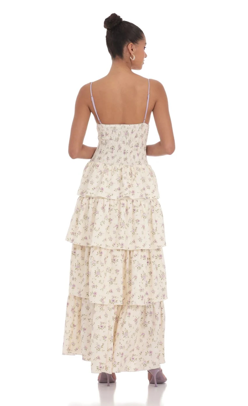 Floral Cutout Ruffle Maxi Dress in Cream - luluinthesky