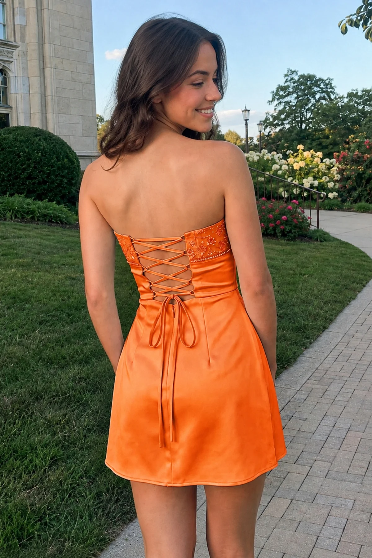 Aqua Strapless Appliqued Satin Sheath Homecoming Dress