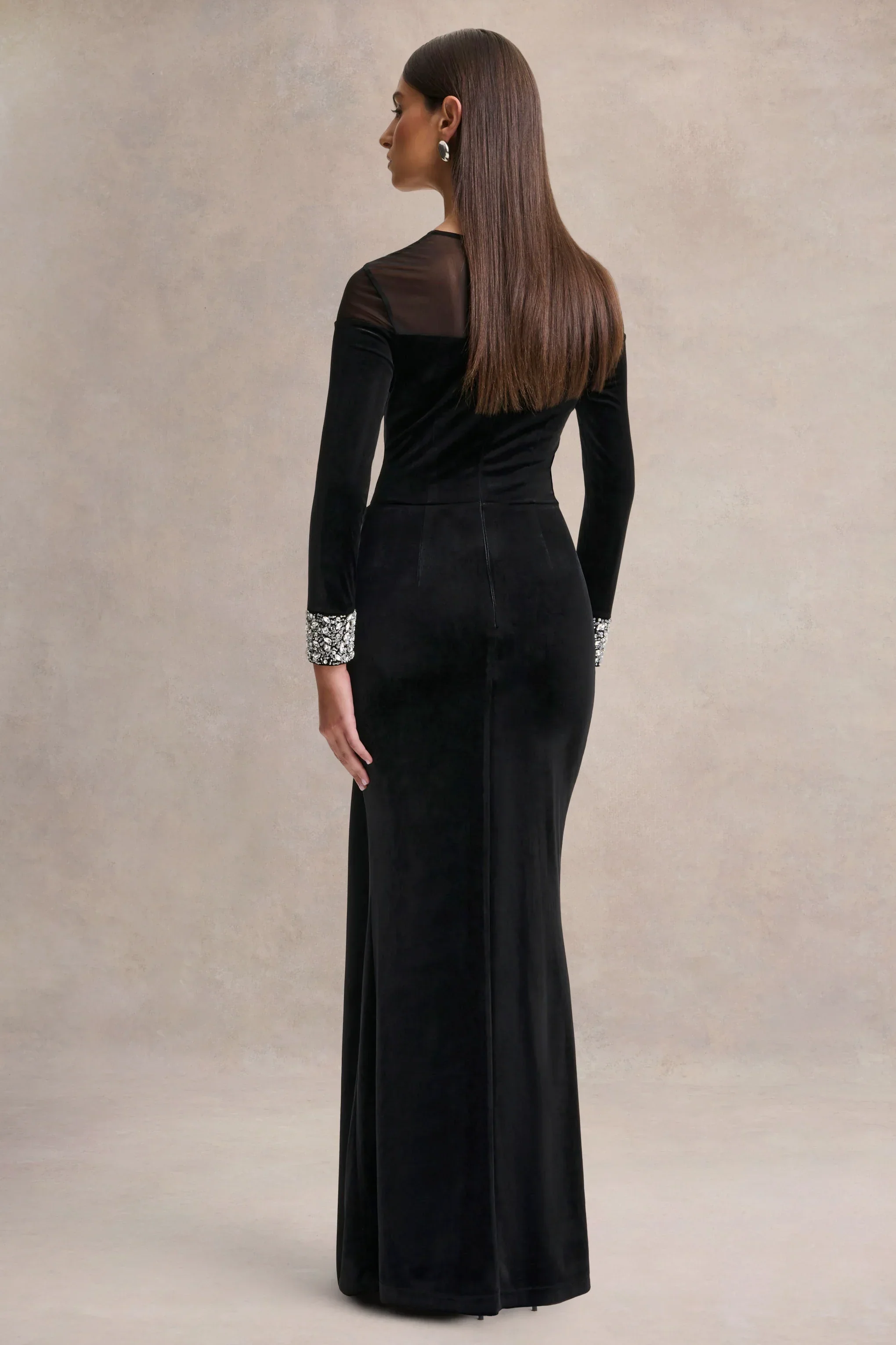 Perrin | Black Velvet Crew-Neck Maxi Dress With Embellished Cuffs
