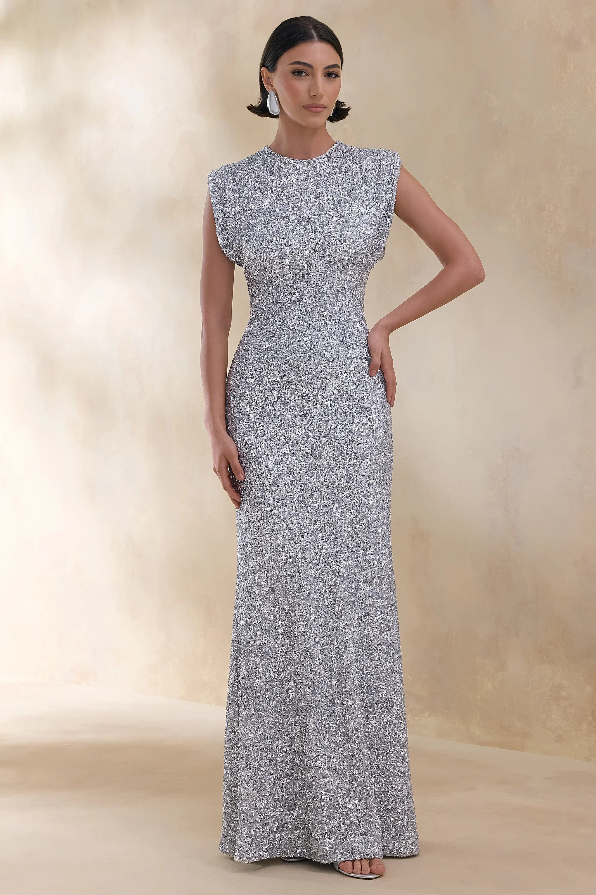 Aurah | Silver Sequin Crew-Neck Maxi Dress With Cap Sleeves