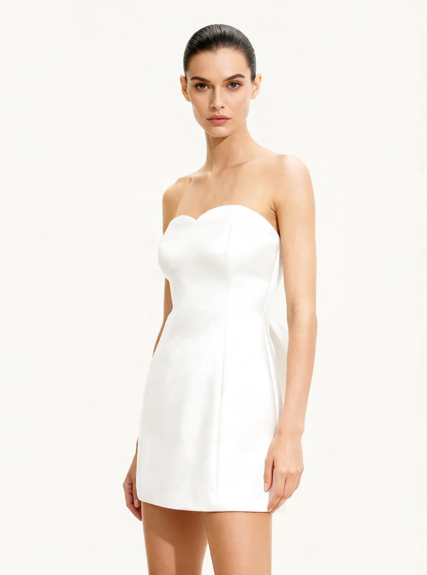 Satin Strapless Bow-Back Mini Dress - White - luluinthesky