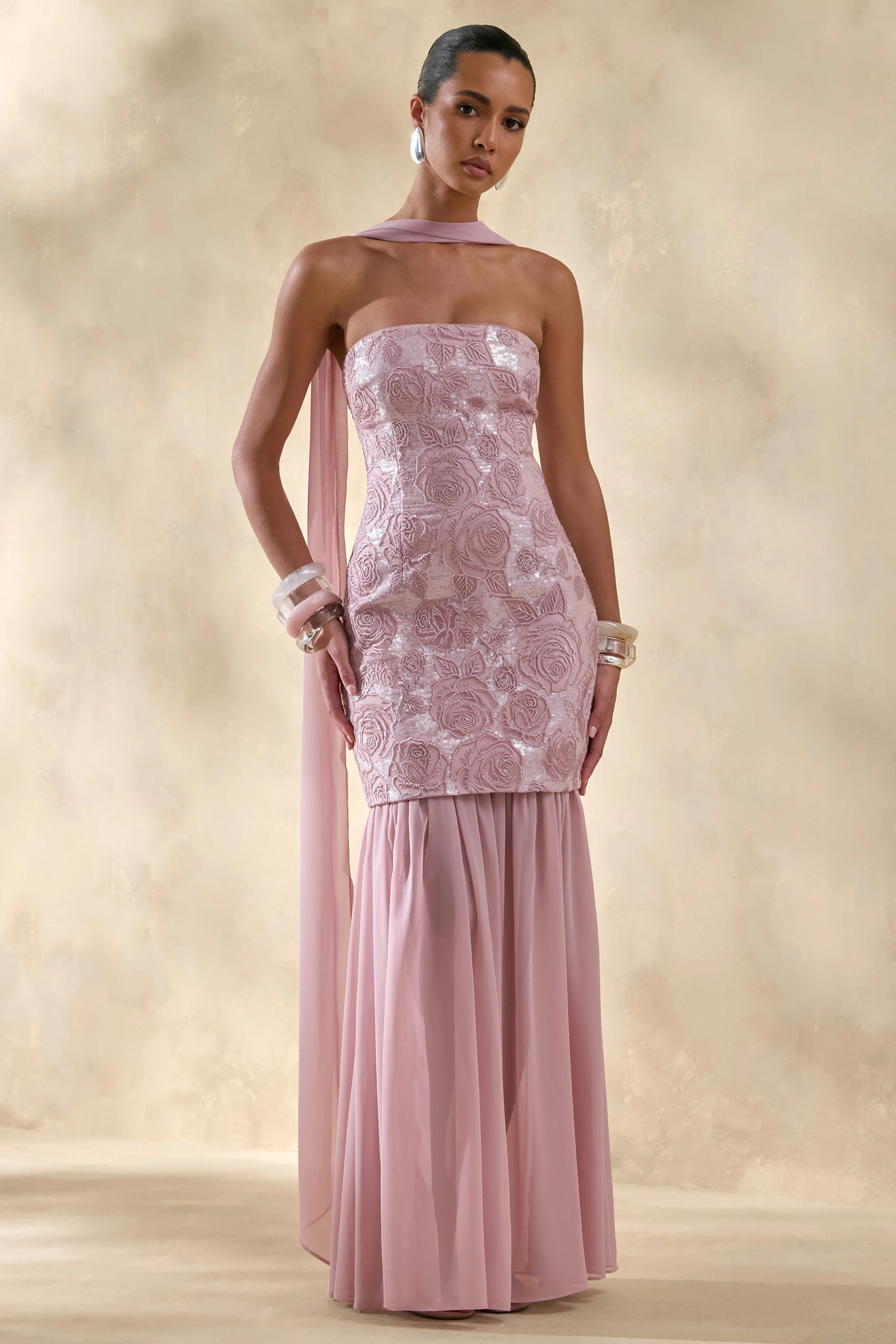 Meraly | Pink Sequin Bandeau Maxi Dress With Scarf-Detail