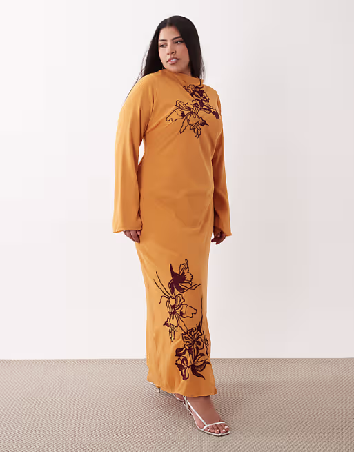 Curve textured embroidered maxi dress in orange