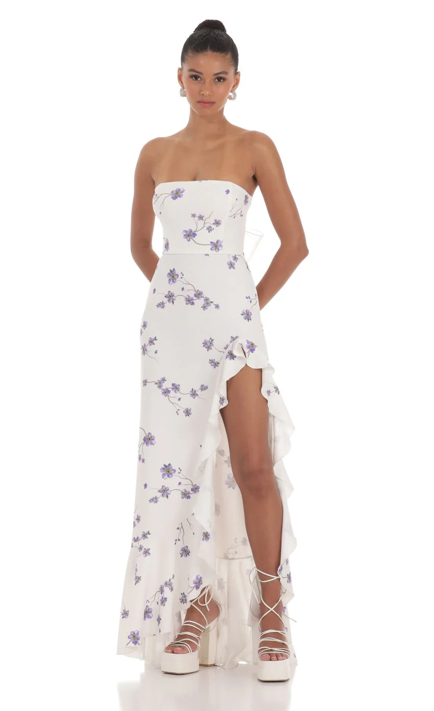 Floral Strapless Back Bow Corset Maxi Dress in White