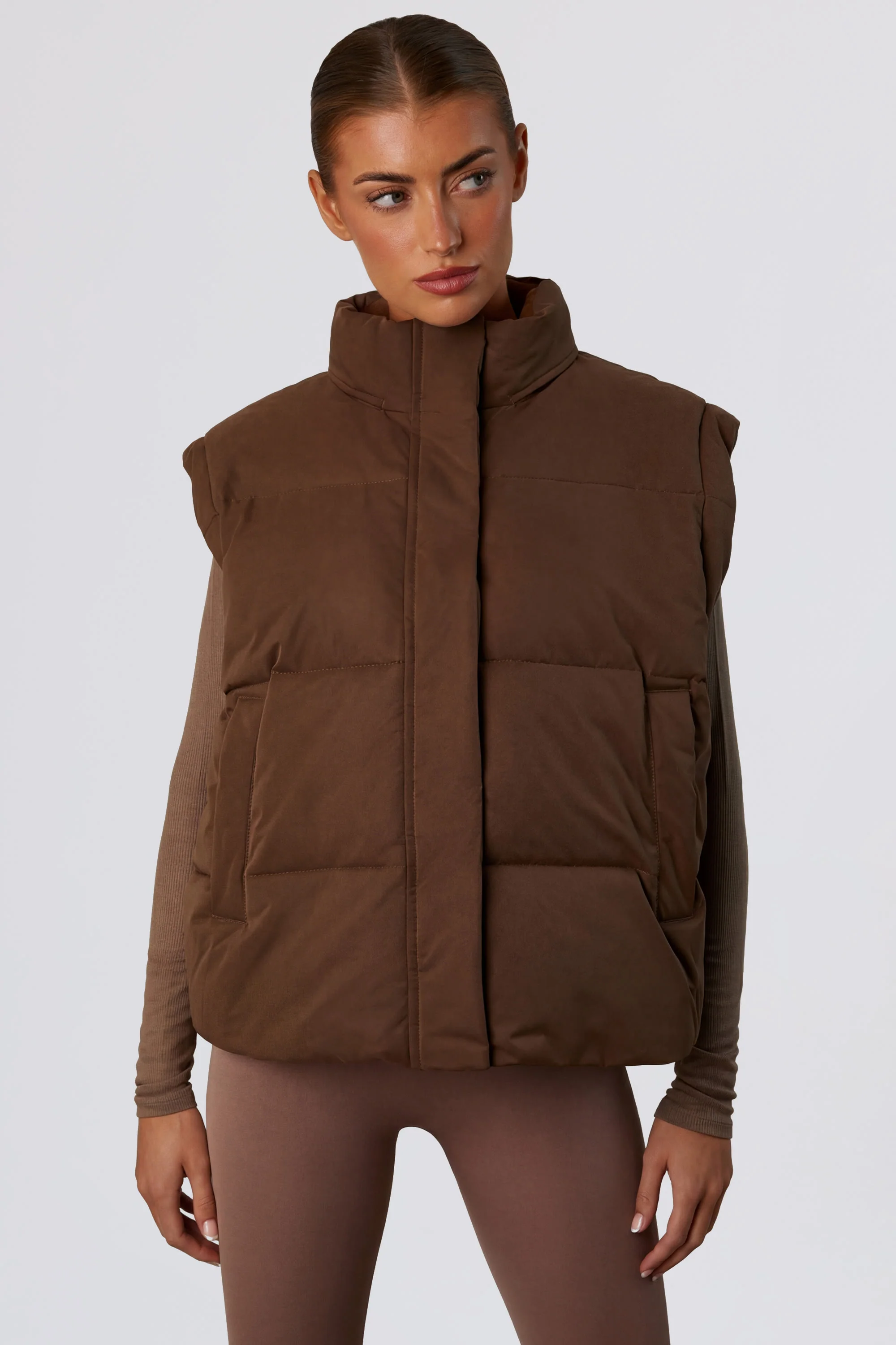 Cropped Puffer Jacket with Detachable Sleeves in Cocoa Brown