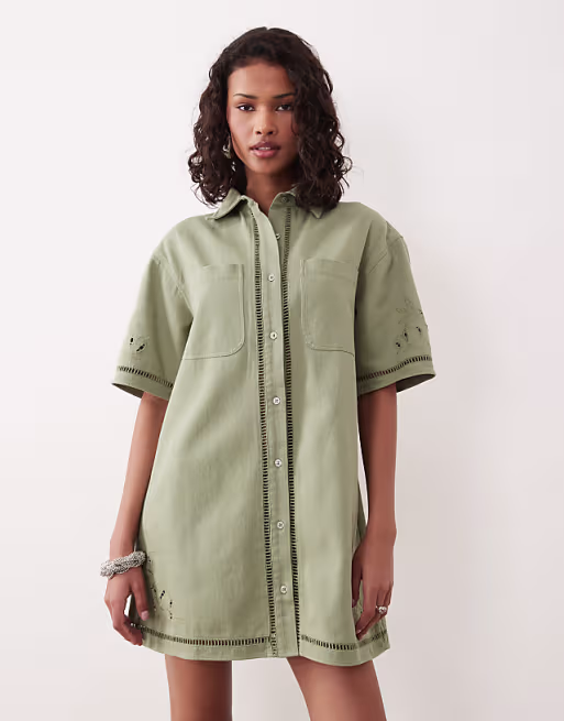 denim boxy shirt mini dress with ladder trim detail in khaki