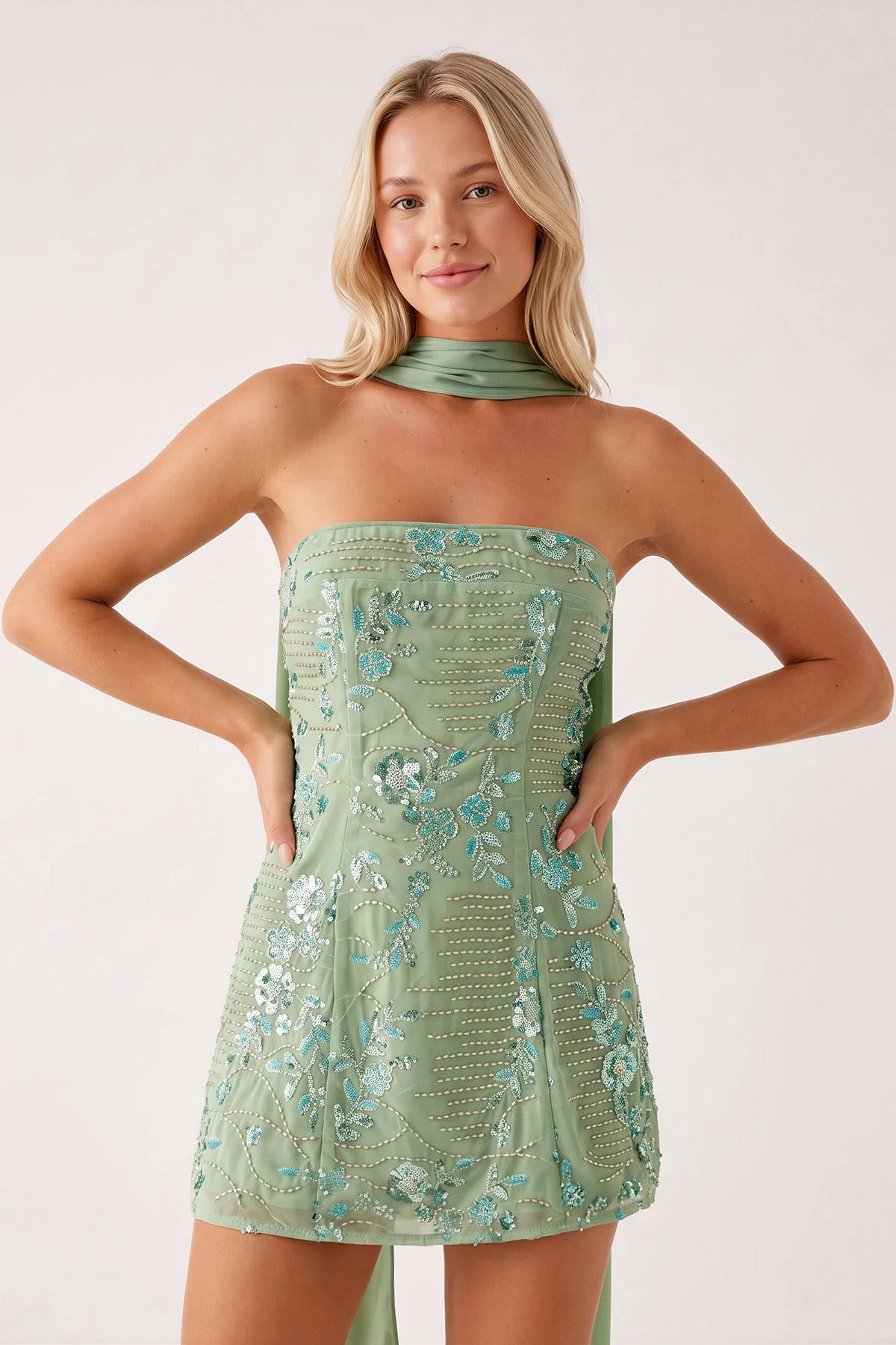 Sage Green Strapless Sheath Embroidered Tulle Homecoming Dress with Scarf
