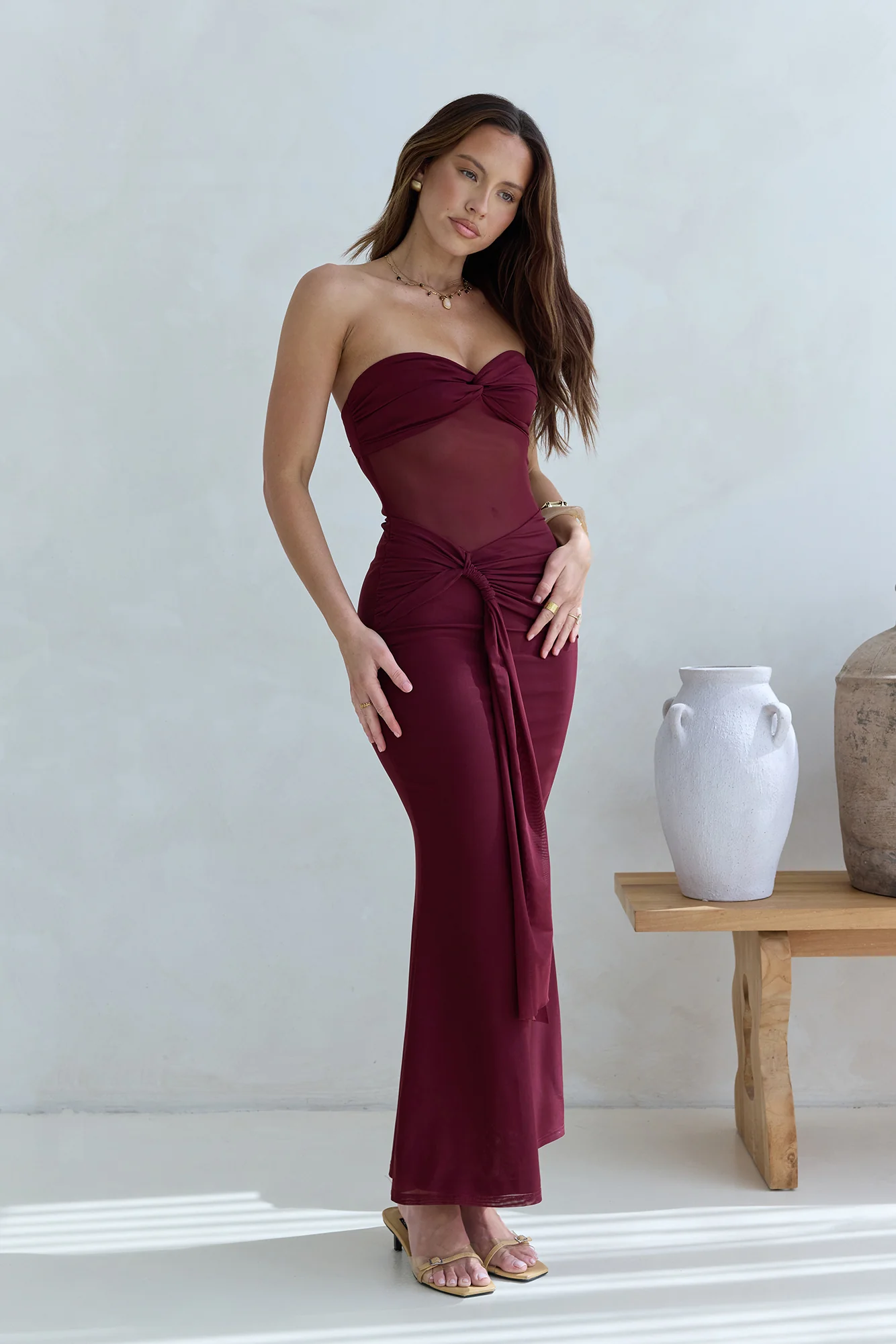 Caught Your Eye Mesh Strapless Maxi Dress Burgundy