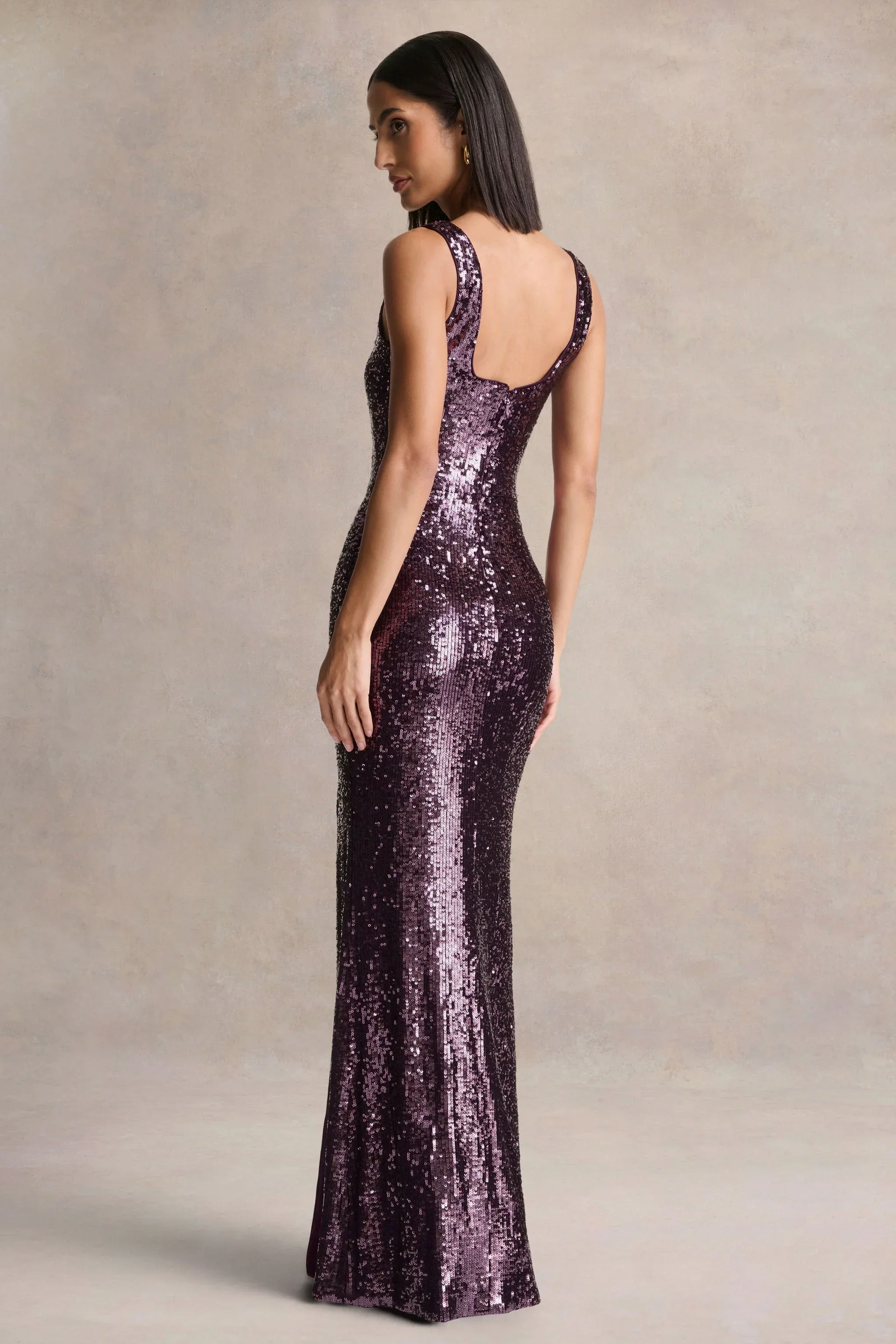 High Life | Plum Sequin Square-Neck Maxi Dress With Front-High Split