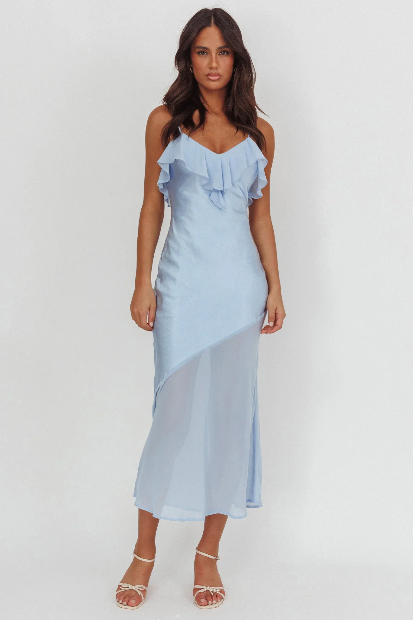 Talula Sheer Hem Ruffle Midi Dress Blue