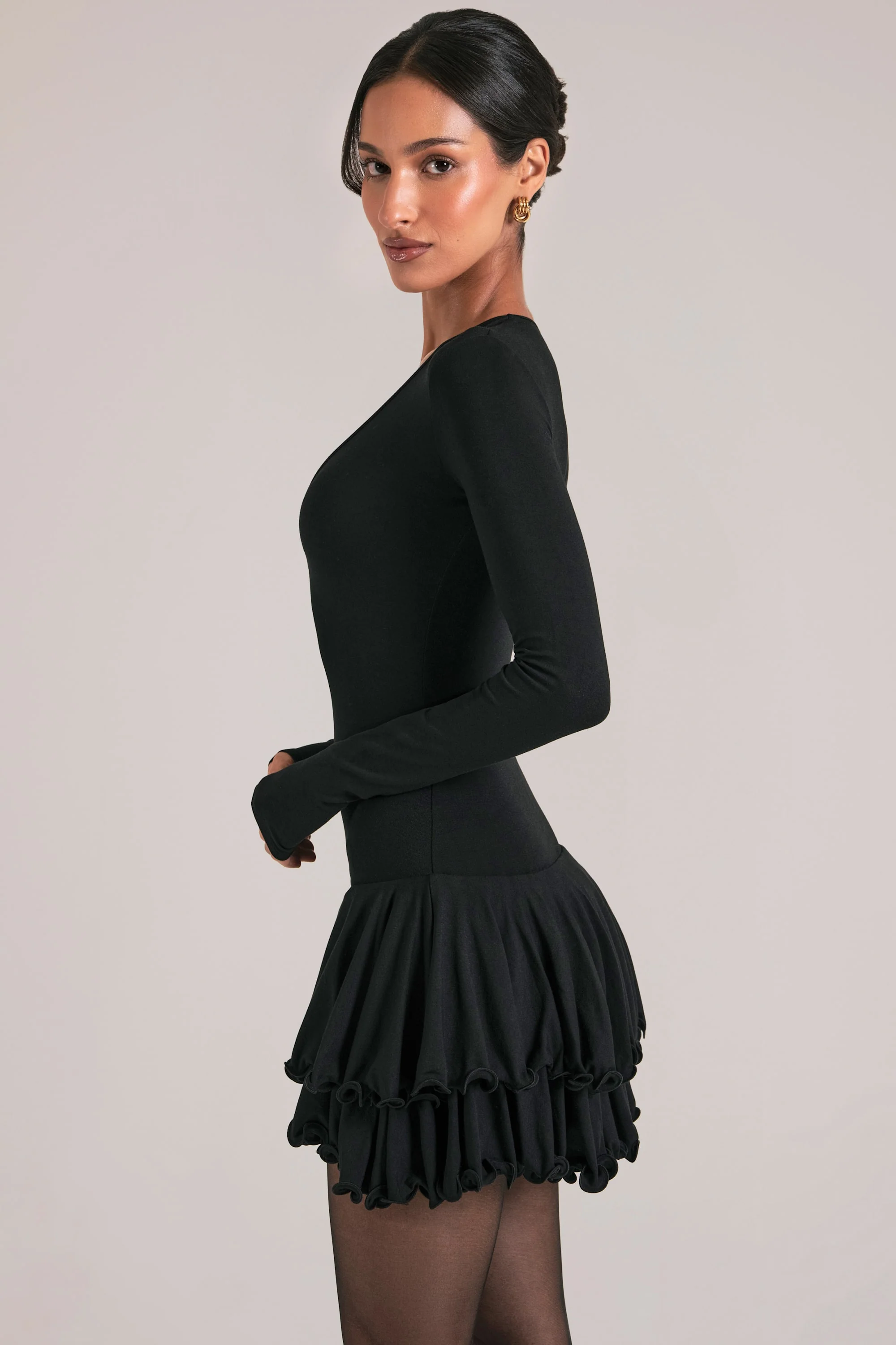 V-Neck Ruffle Skirt Mini Dress in Black