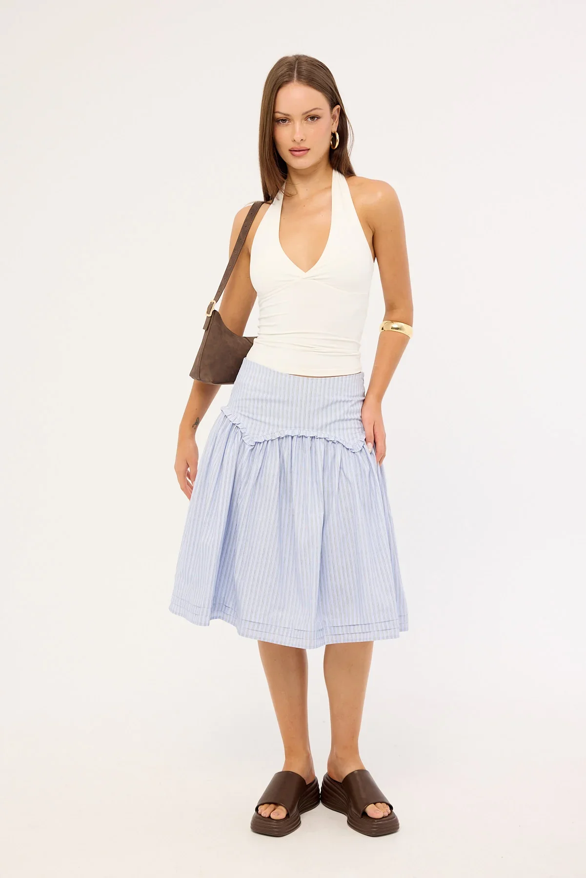Perfect Stranger Montel Mid Rise Midi Skirt Blue Stripe