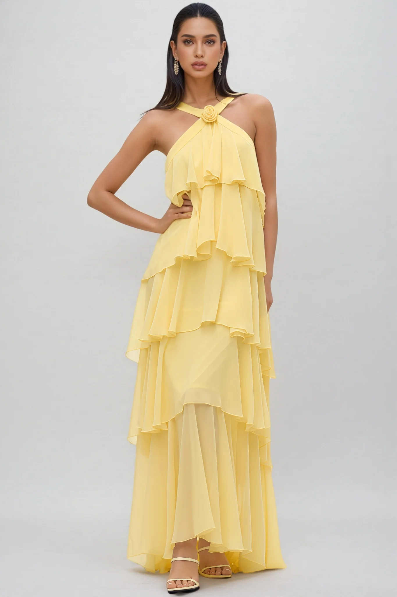 Kairot Yellow Backless 3D Flower Maxi Dress