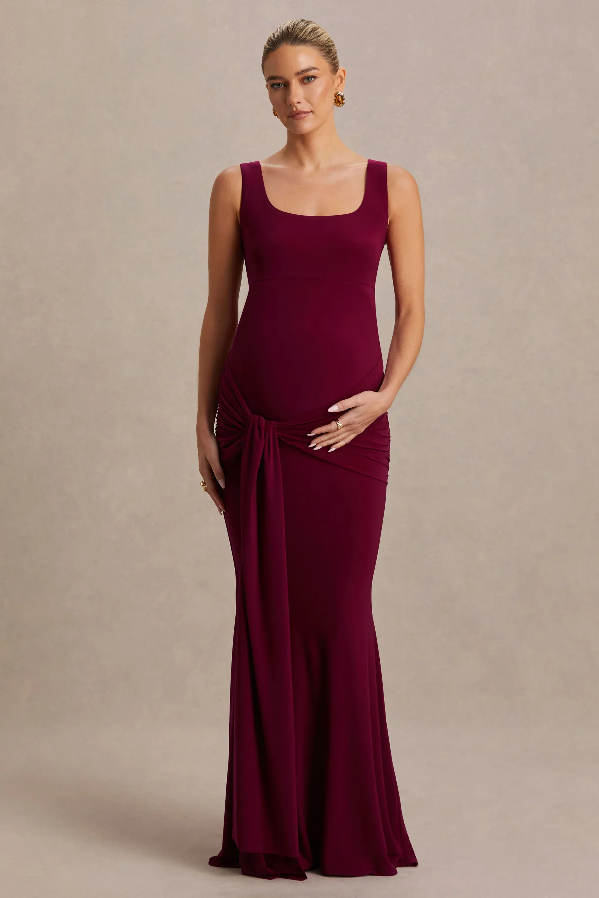 Baylin | Burgundy Square-Neck Maternity Maxi Dress With Ruched Detailing And Sash