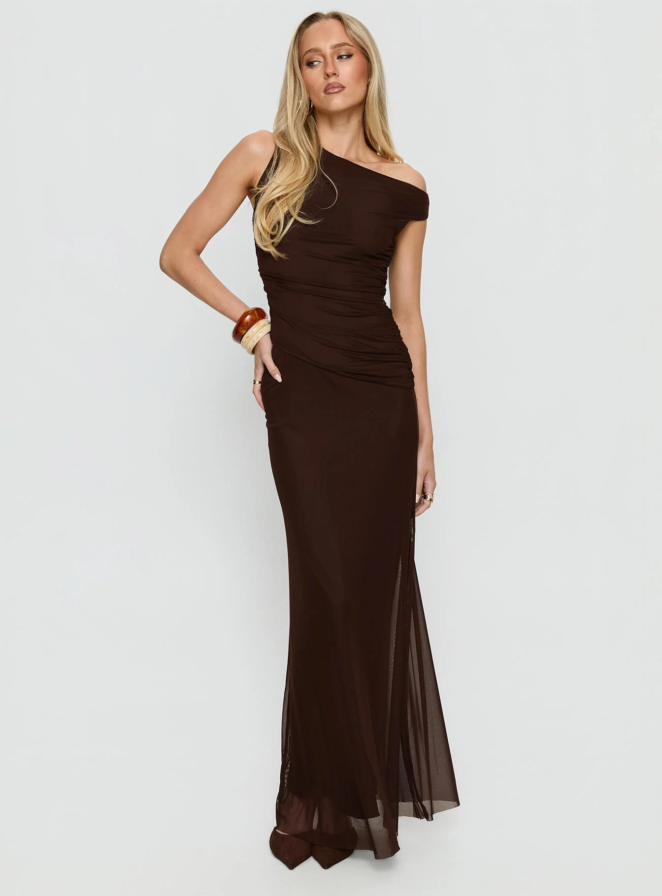 Krystyna Off Shoulder Ruched Maxi Dress Chocolate