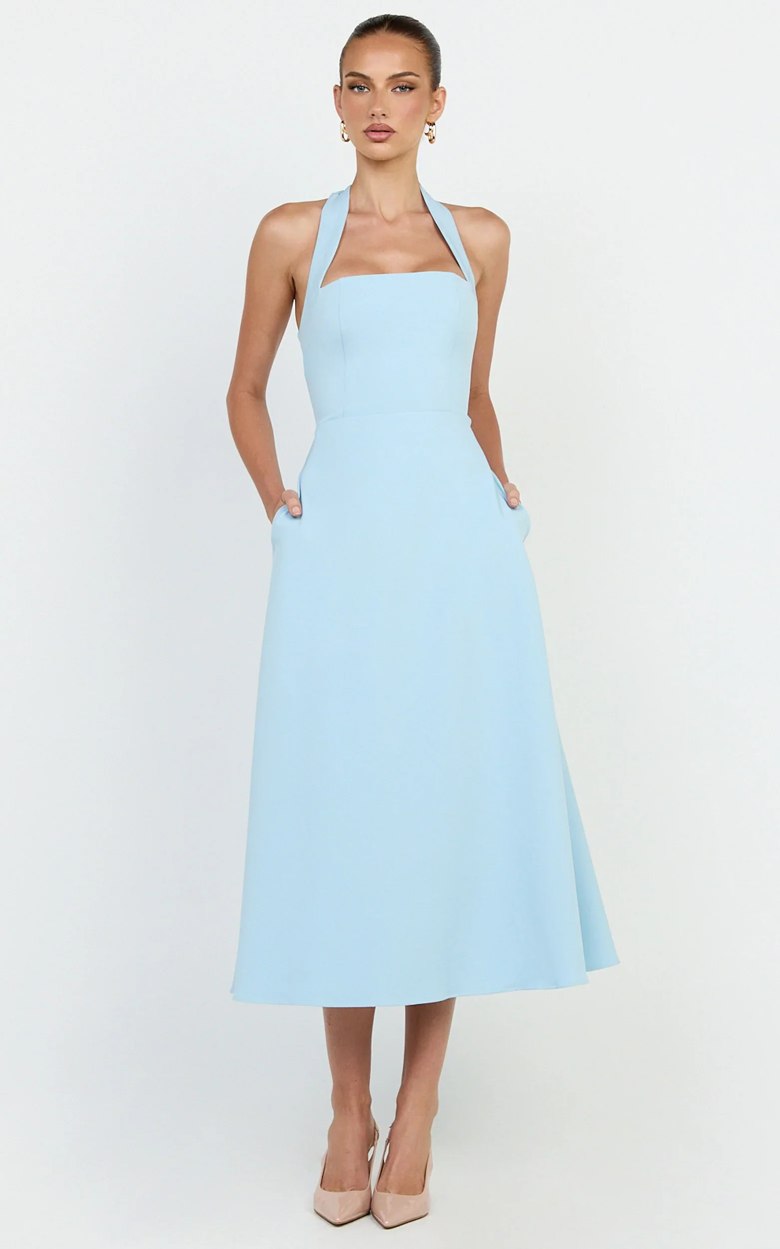 Karissa Midi Dress - Halter Neck Fitted Bodice Midi Soft A Line Skirt Dress in Pale Blue
