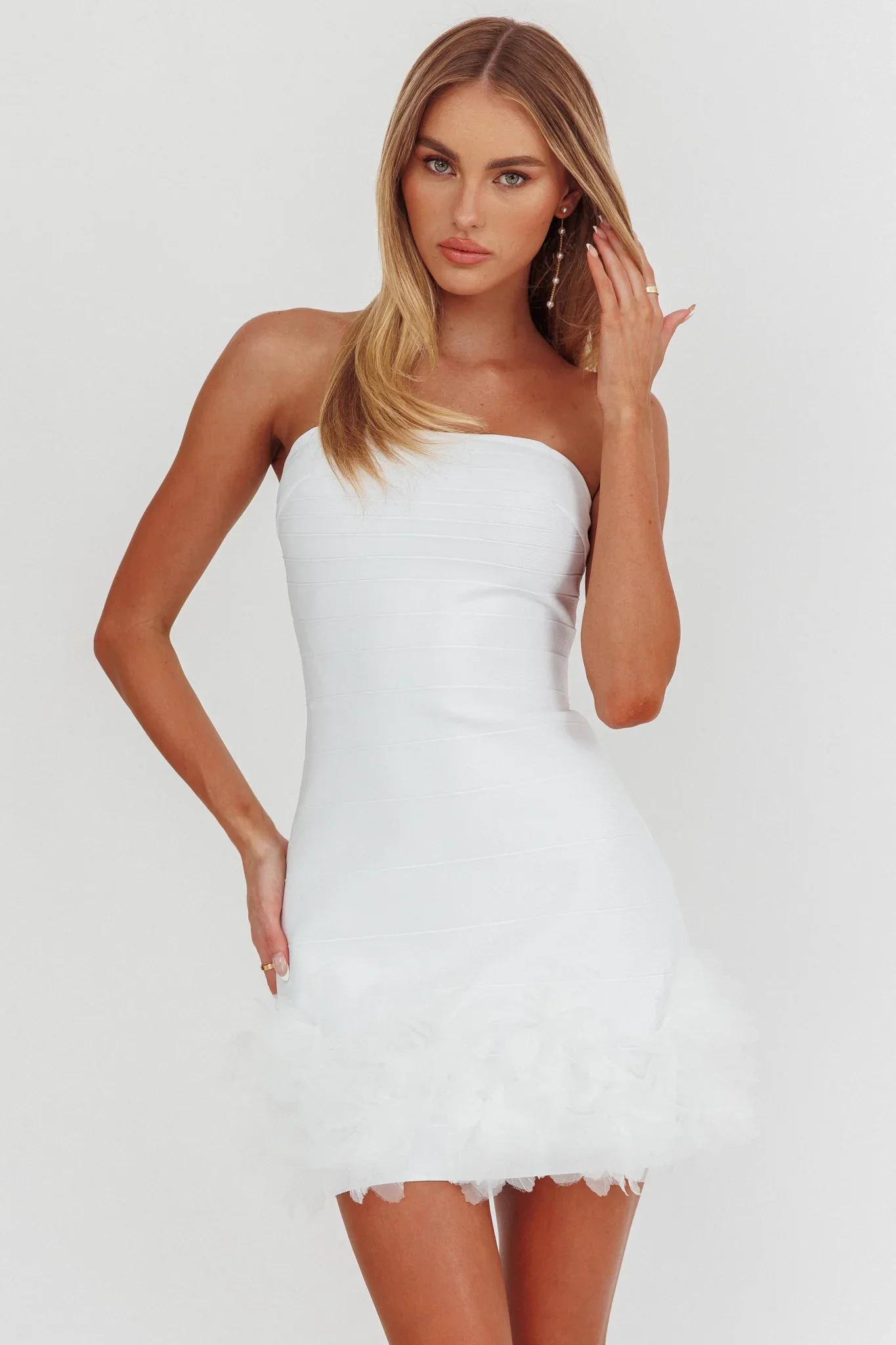 Leni Strapless Embellished Hem Mini Dress White