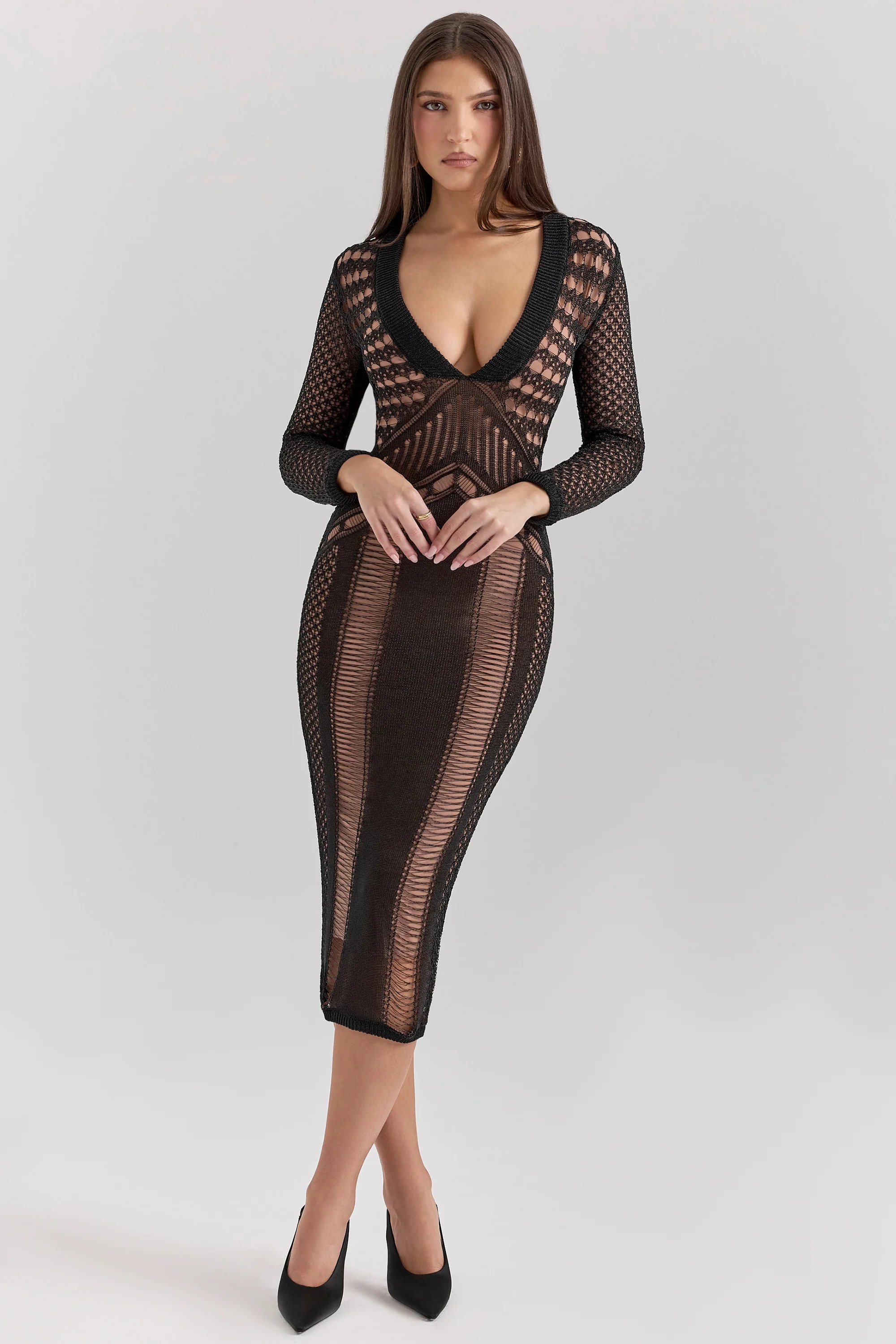 black plunge midi dress - sale