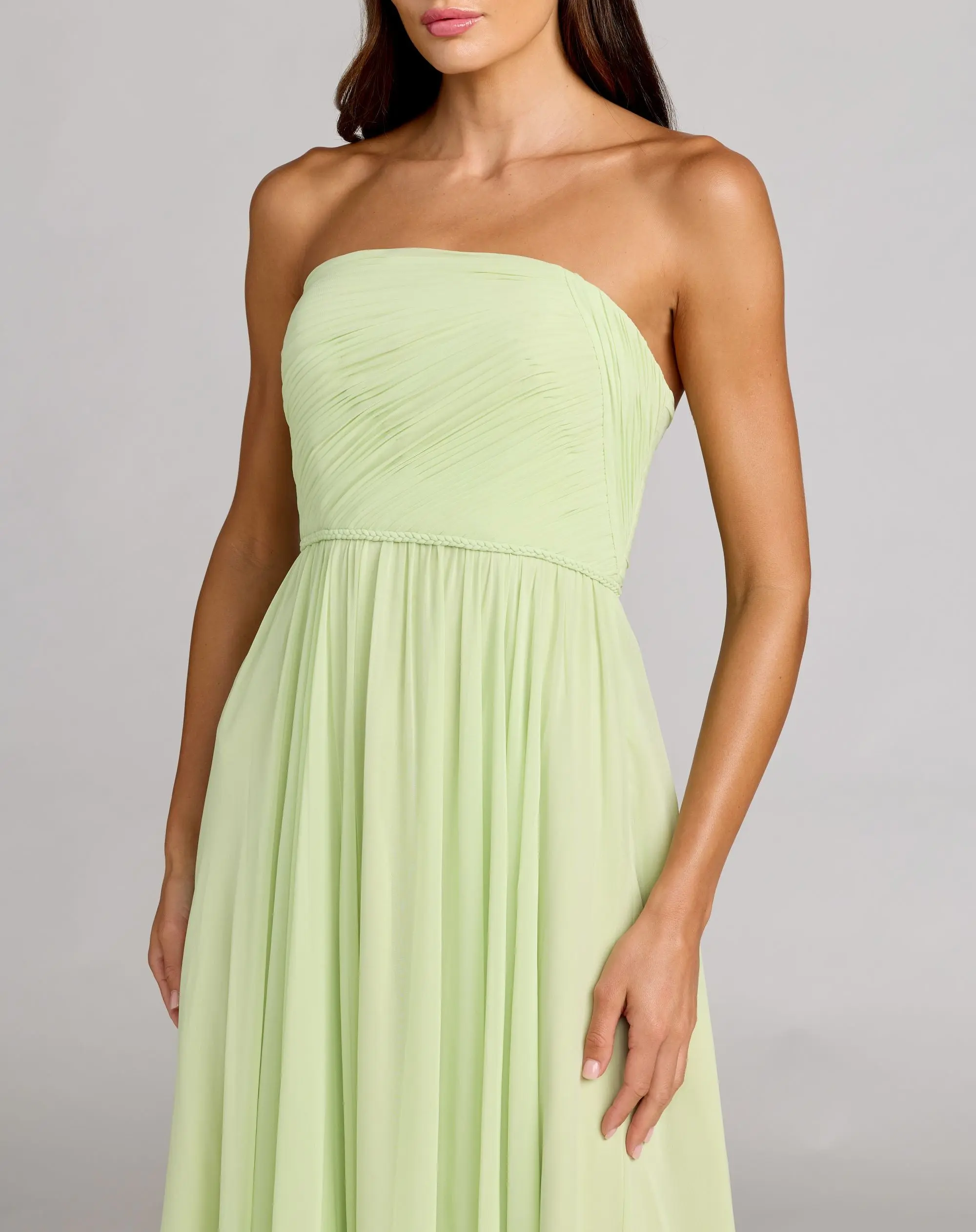 Green Strapless Chiffon Gown With Braided Belt