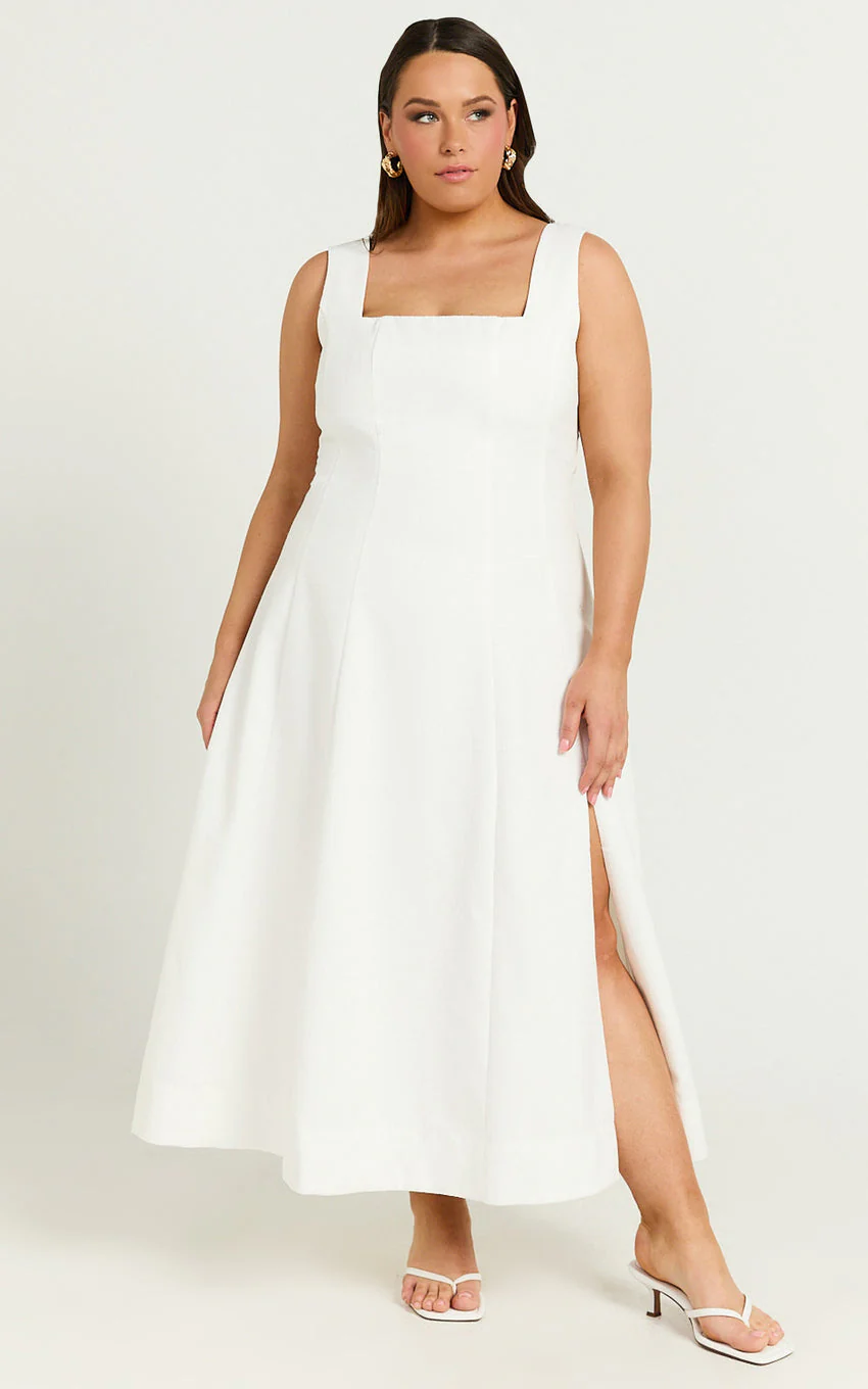 Walters Midi Dress - Square Neck Shirred Back Fit and Flare Panel Dress in White - luluinthesky