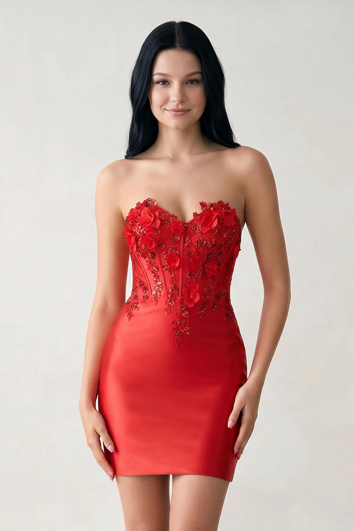 Red Strapless Bodycon Satin Sequins Mini Homecoming Dresses With Appliques