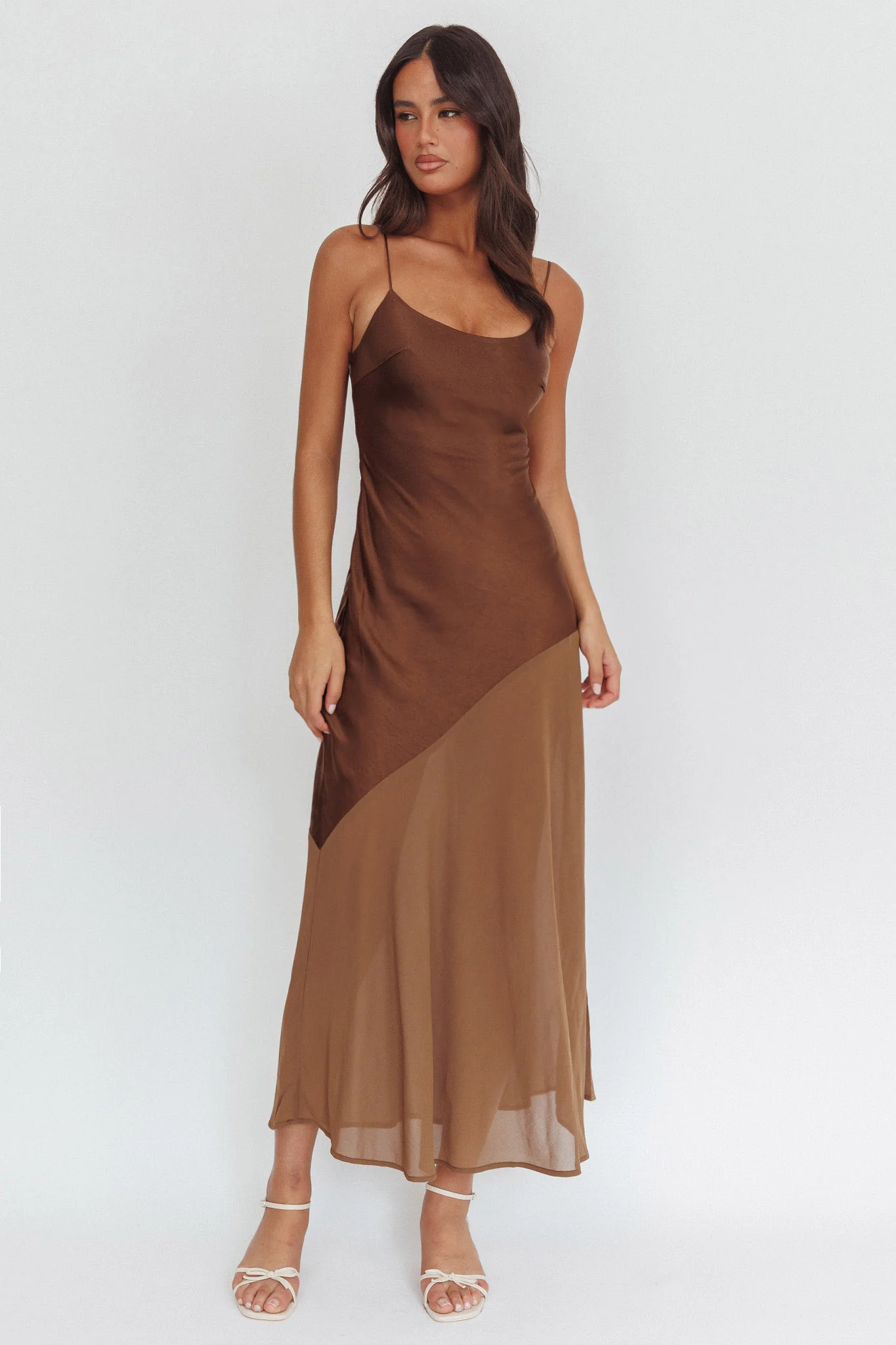 Gilded Dream Chiffon Hem Maxi Dress Chocolate