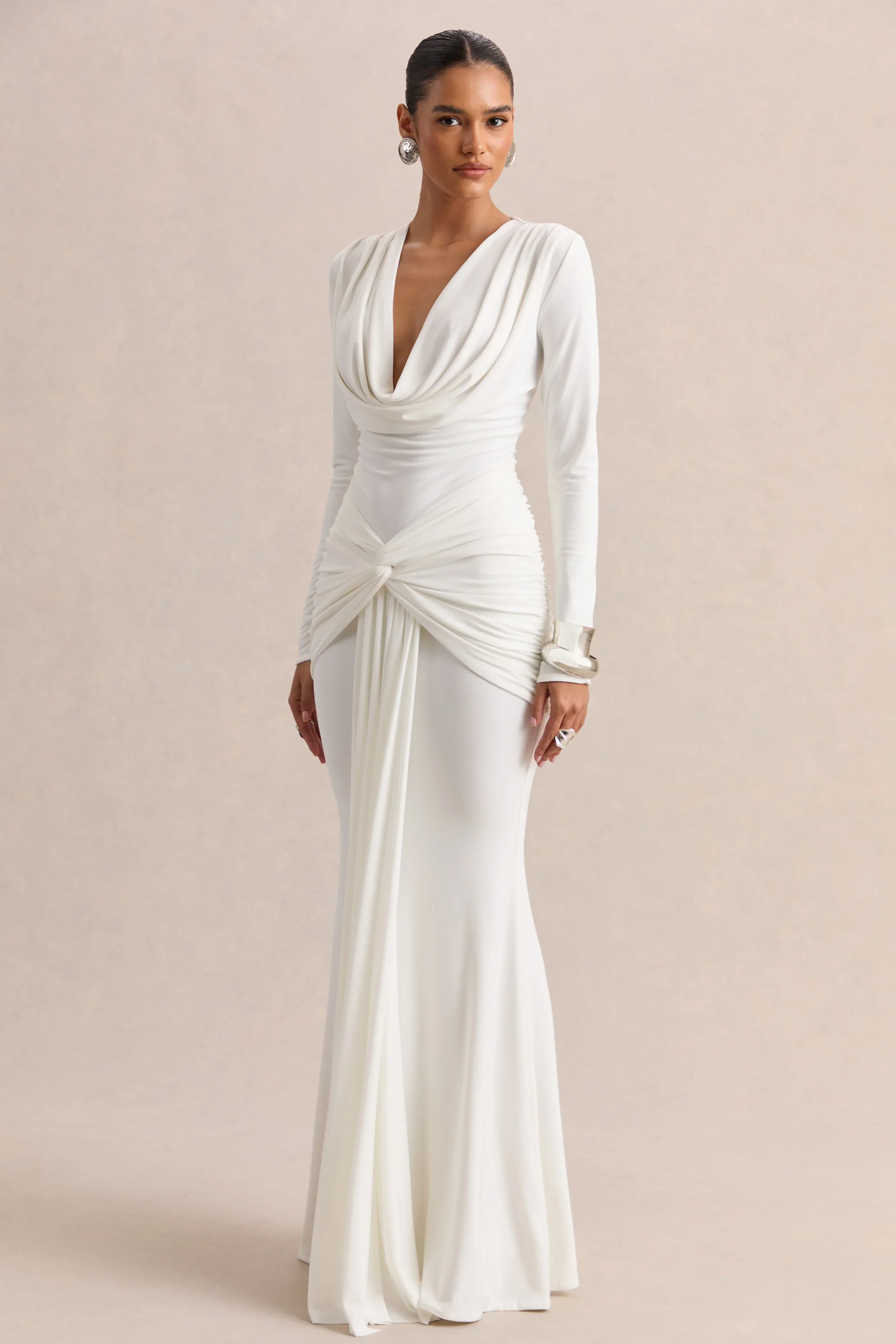 Palerma | White Draped Cowl-Neck Maxi-Dress With Gathered-Detailing